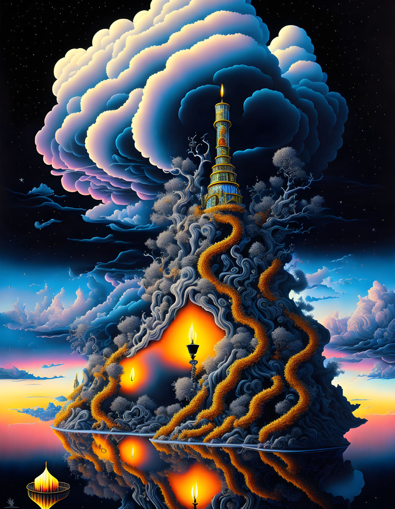 Surreal artwork: Candle-lit path spiraling around mountain with tower under starry sky