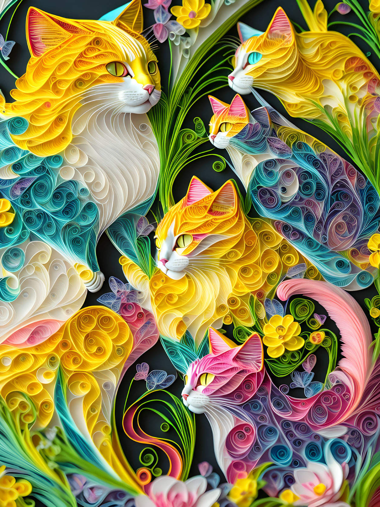 Vibrant paper quilling art of whimsical cats with floral patterns