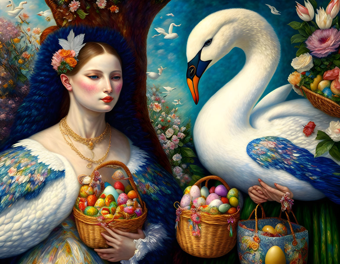 Surreal painting: Woman with swan wings, swan, colorful eggs, floral backdrop