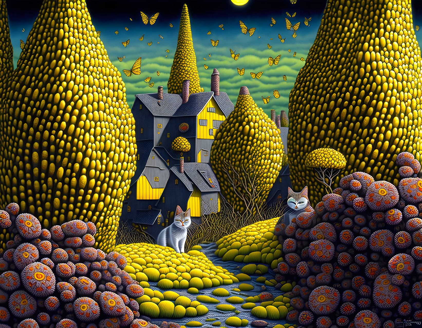 Colorful surreal landscape with yellow trees, blue house, butterflies, flowers, and curious cat.