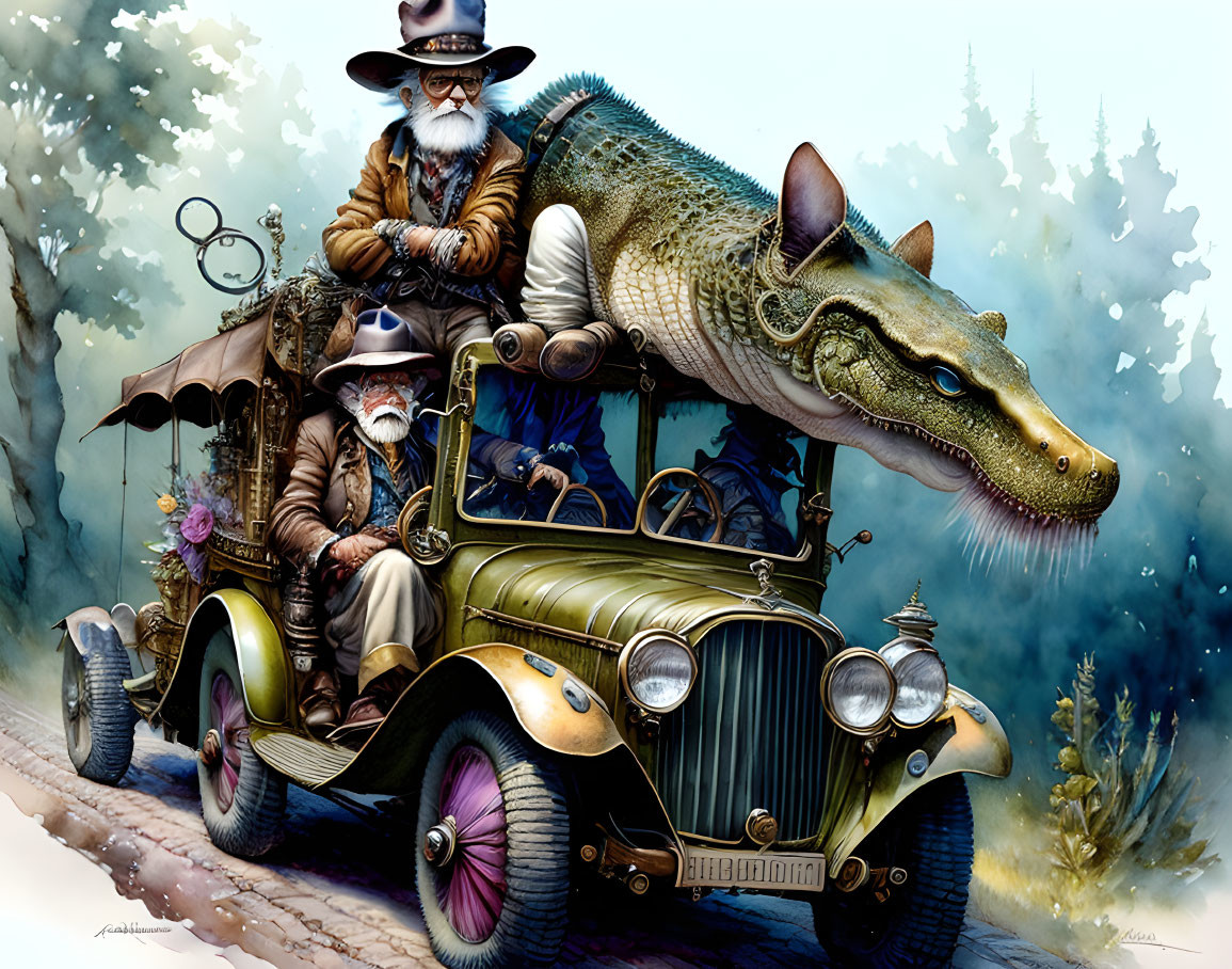 Vintage illustration of two bearded men in antique attire driving a crocodile-themed car in a forest.