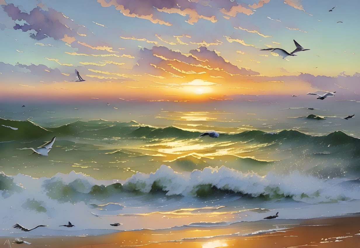 Tranquil beach scene at sunset with orange hues and seagulls