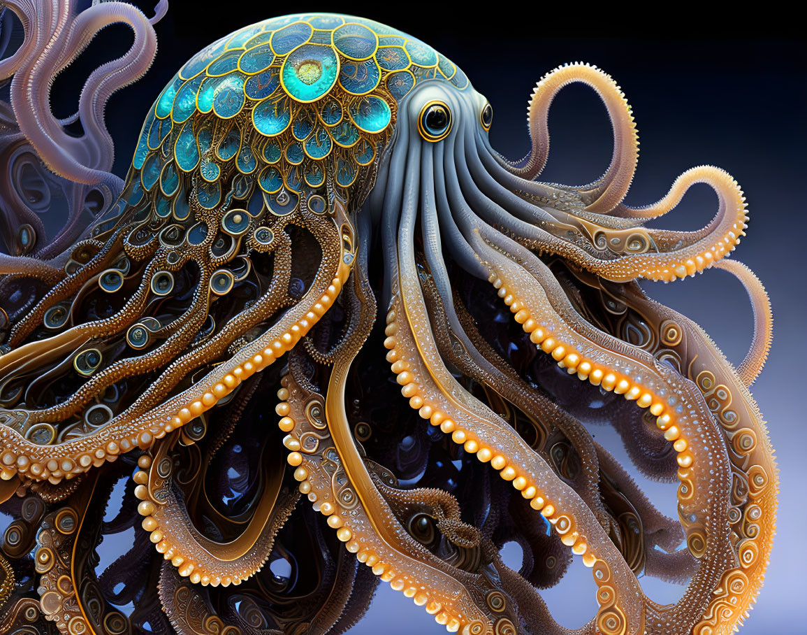 Detailed stylized octopus artwork with intricate patterns and vivid blue to brown color transition