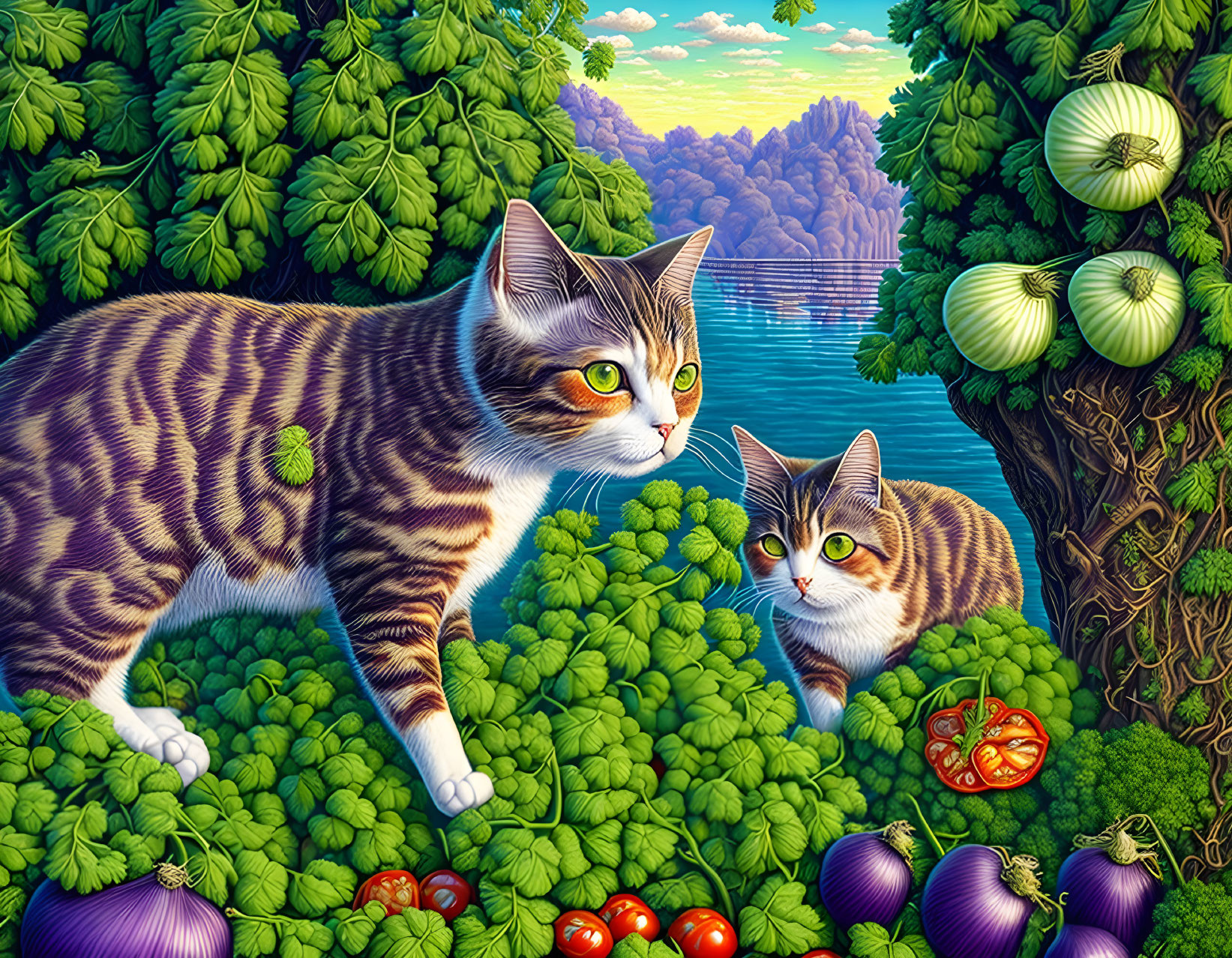 Two striped cats in vegetable landscape with trees and lake