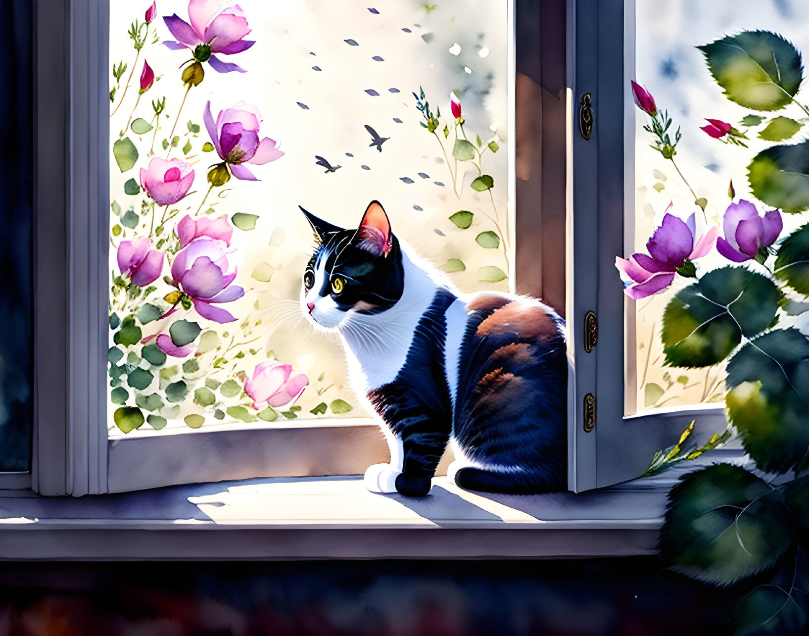 Tuxedo cat by open window overlooking garden with pink roses