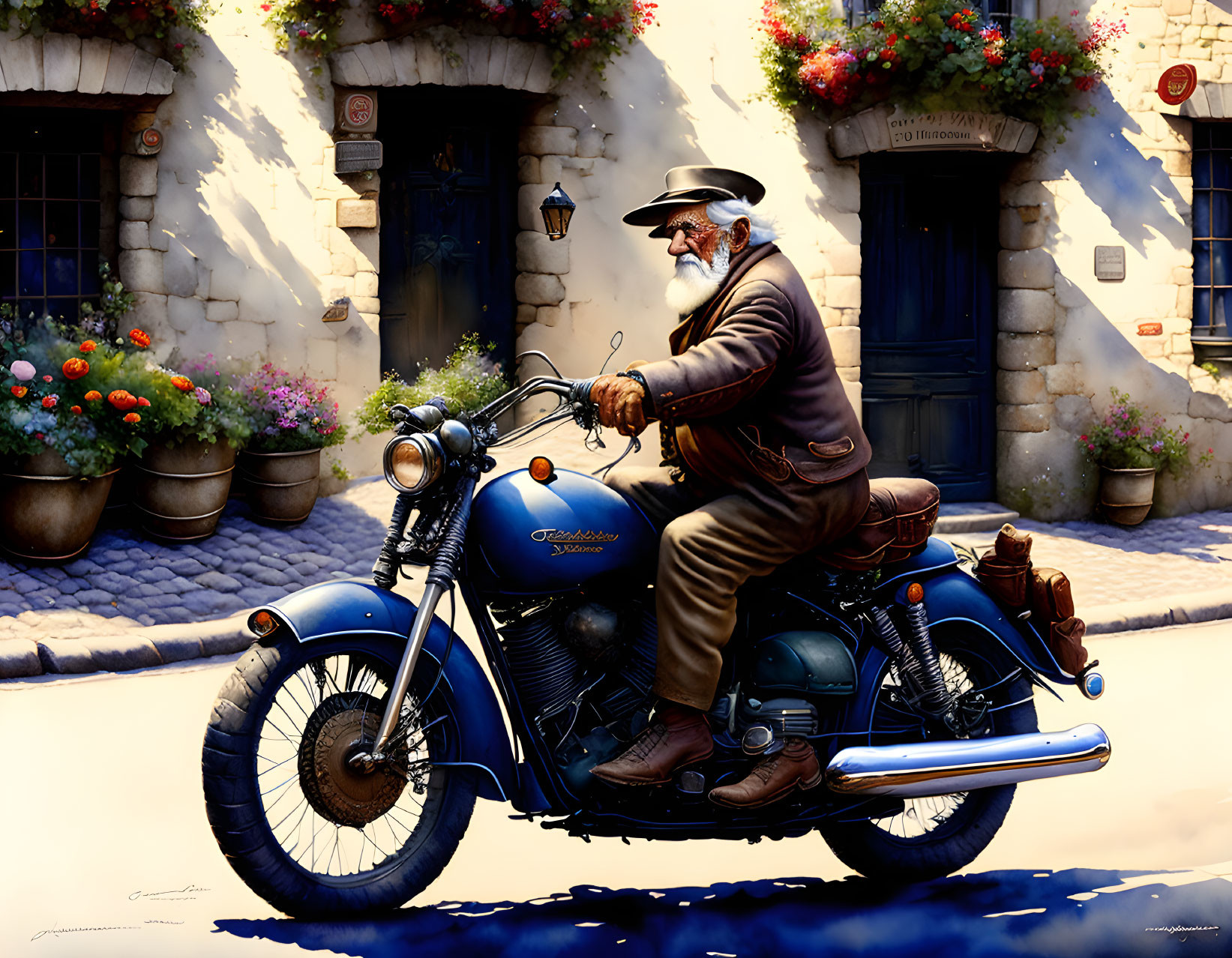 Elderly man with white beard rides vintage motorcycle on cobblestone street