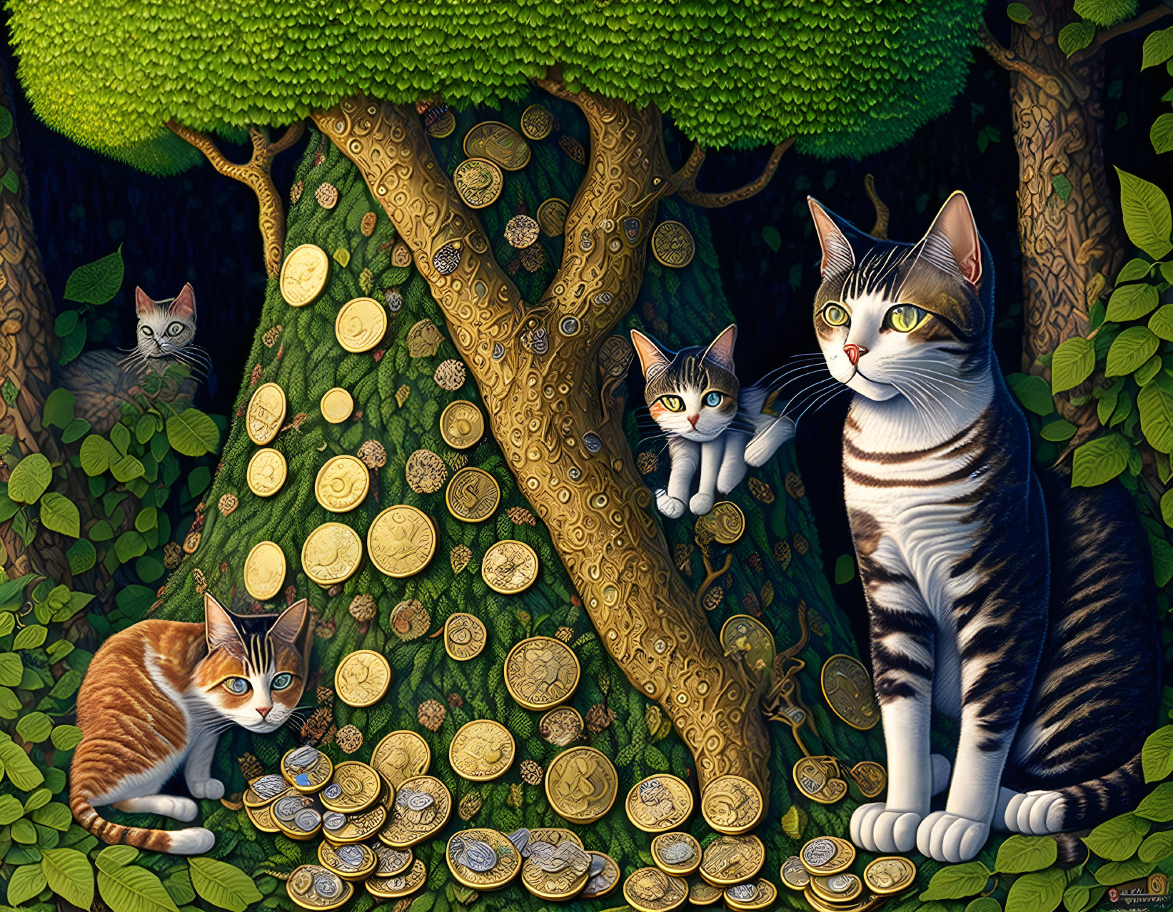 Colorful Cat Illustration Among Golden Coins and Greenery