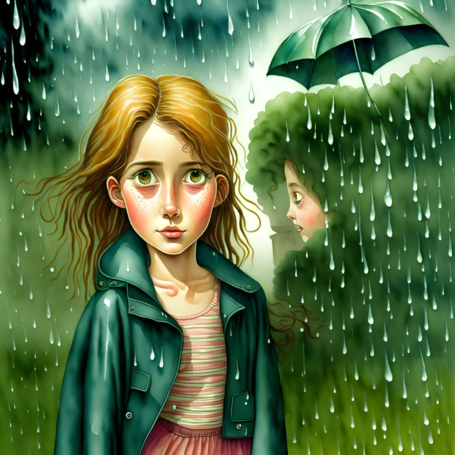 Illustration of young girl in rain with umbrella