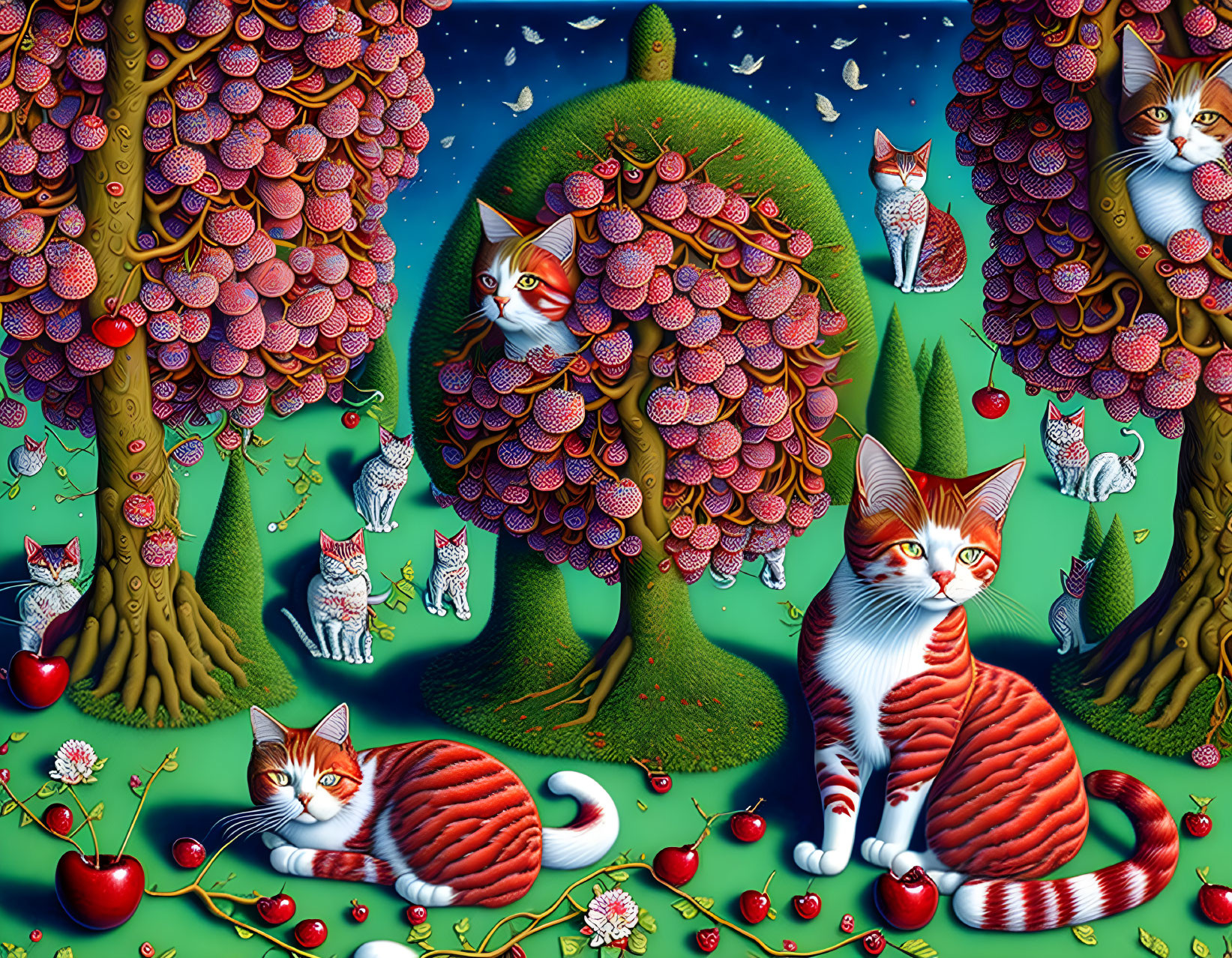 Whimsical orange and white striped cats in vibrant fantasy landscape