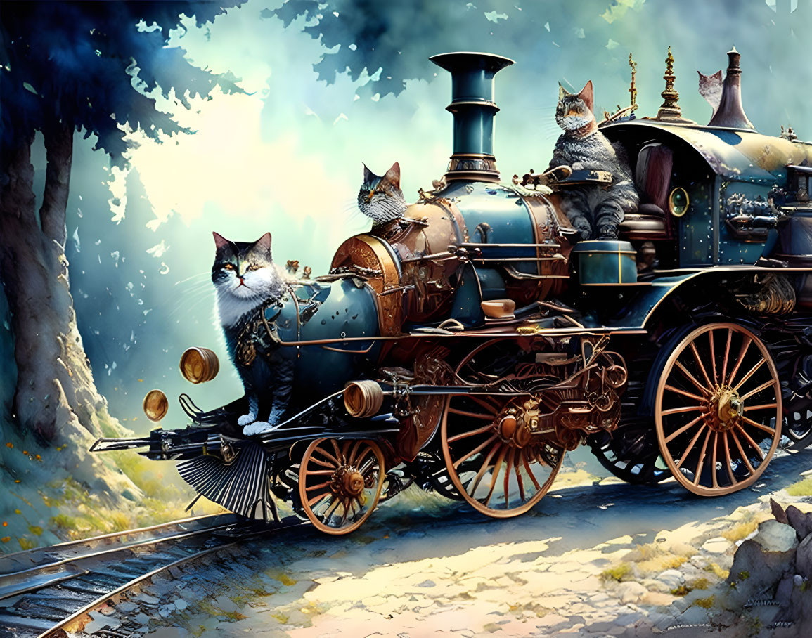 Whimsical illustration of three cats on vintage steam locomotive