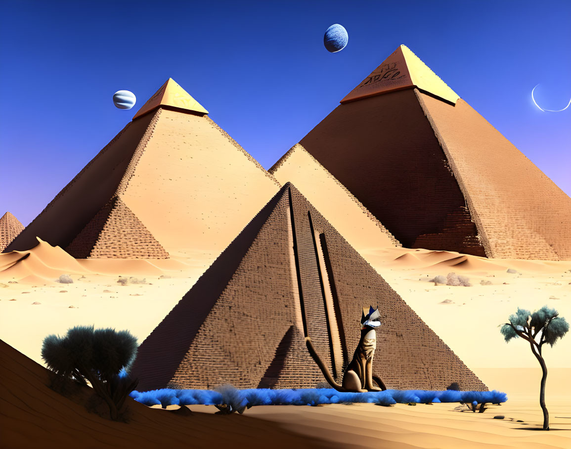 Surreal Anubis Statue & Pyramids with Giant Planets in Desert