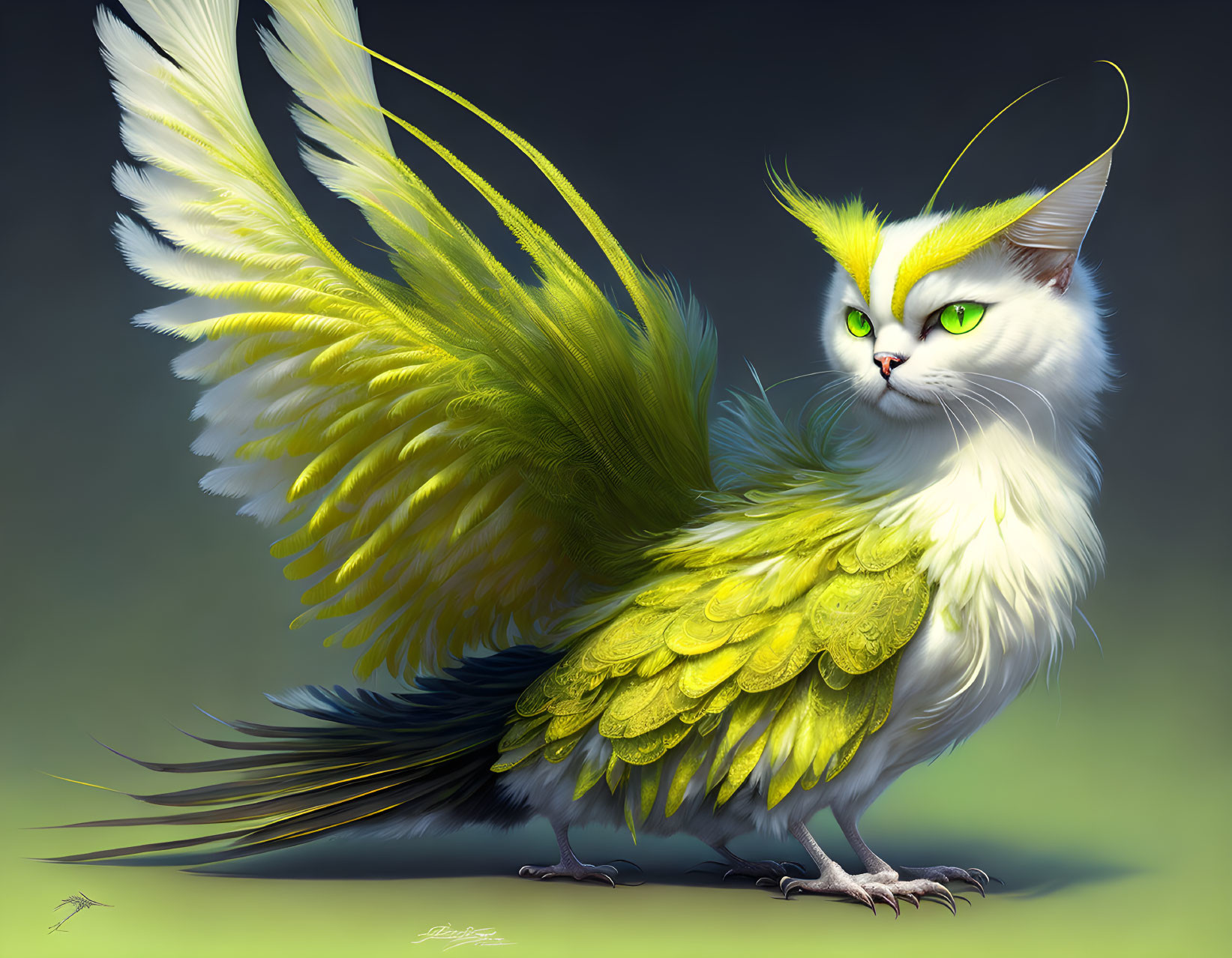 Cat-Bird Hybrid Creature with Vibrant Wings and Feathered Tail