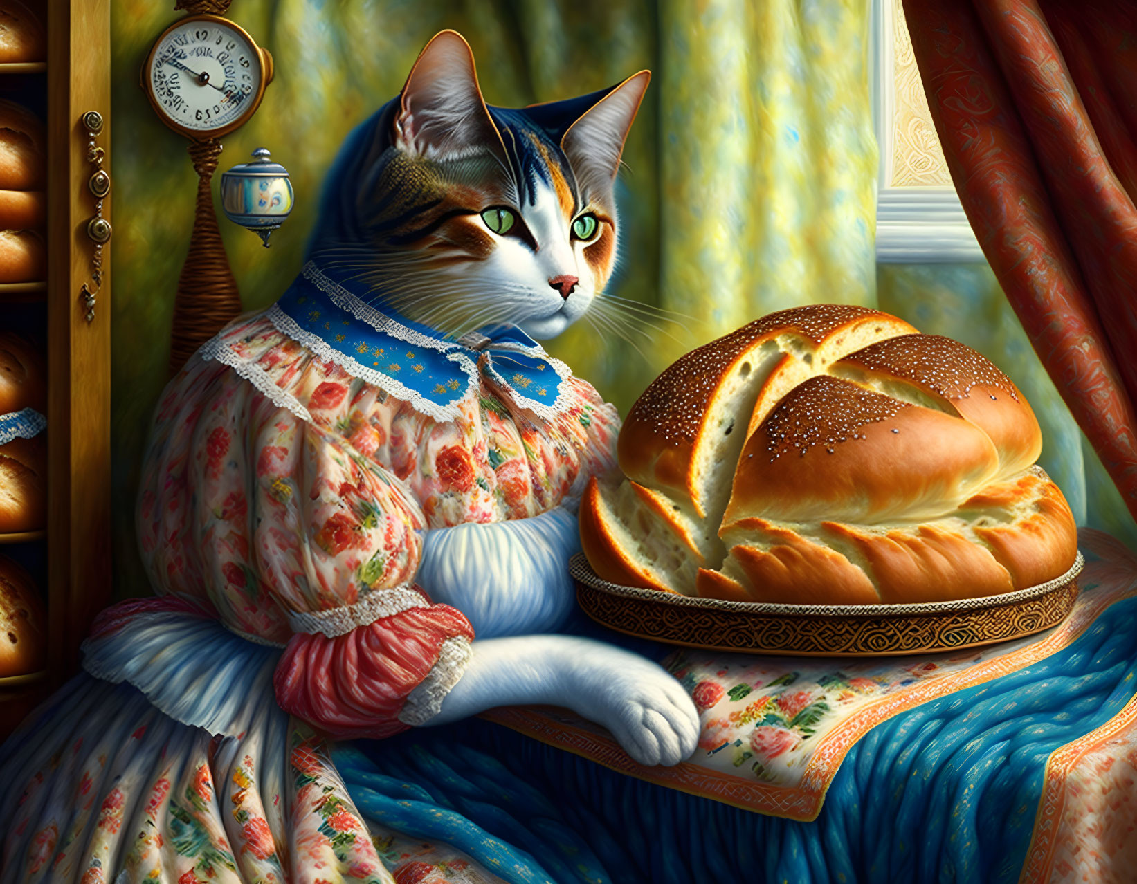 Floral-dressed cat by window with bread and teacup