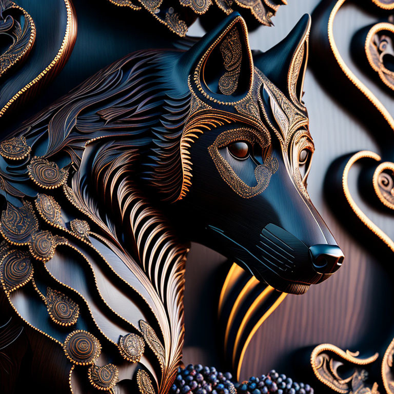 Stylized 3D Wolf Artwork with Intricate Golden Patterns