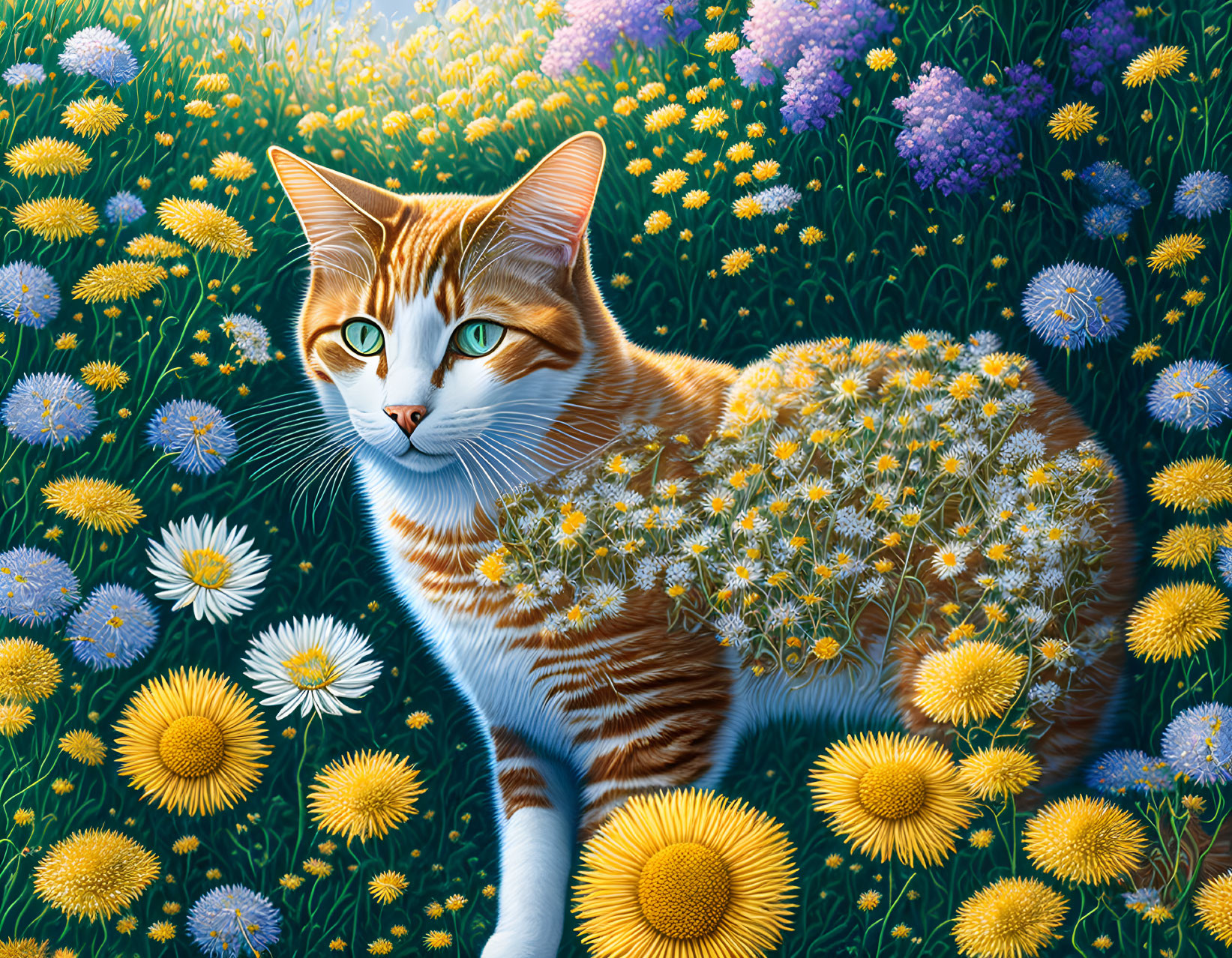 Orange and White Cat with Green Eyes in Field of Daisies and Purple Flowers