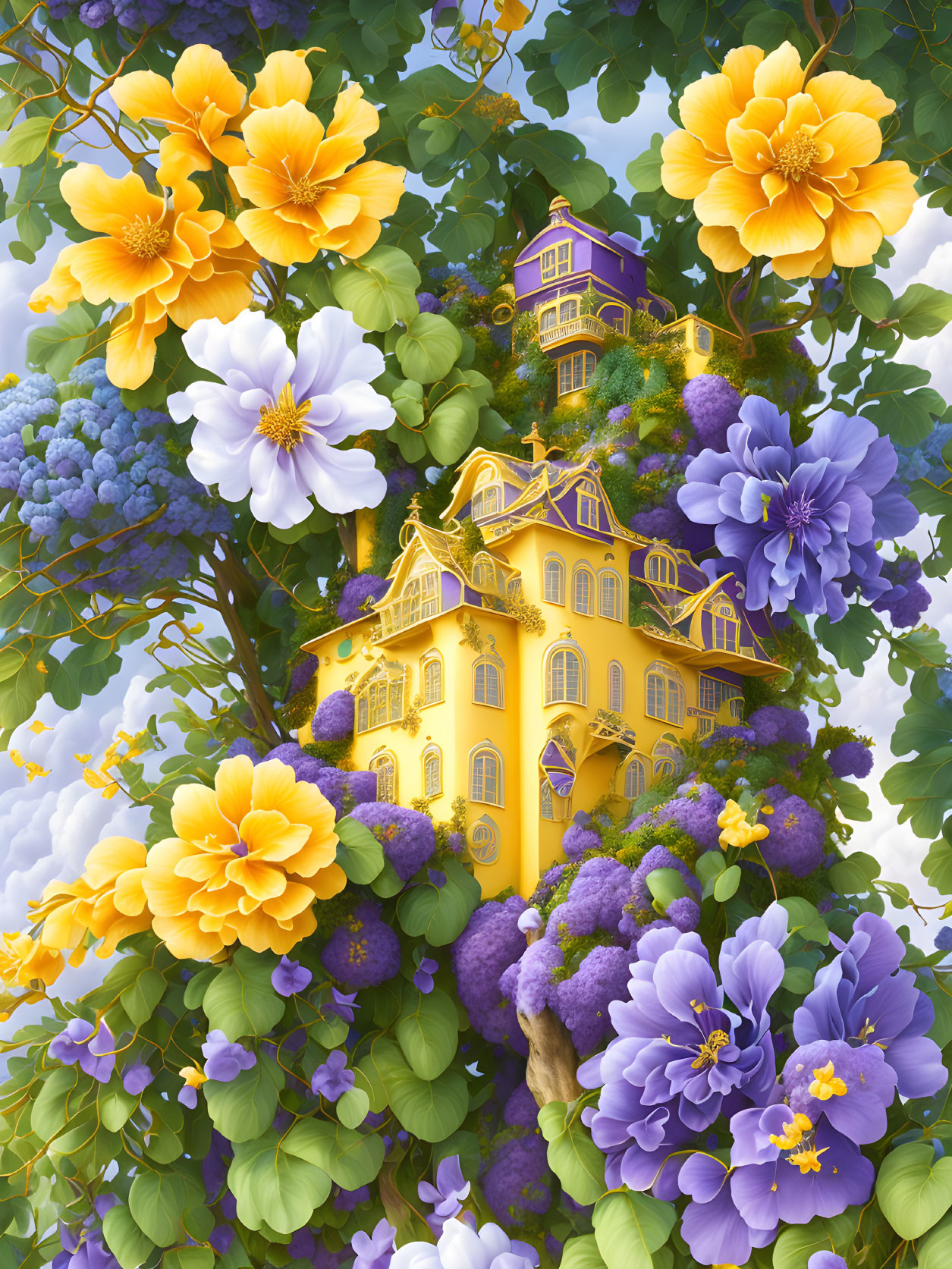 Yellow Victorian House Surrounded by Purple and Yellow Flowers