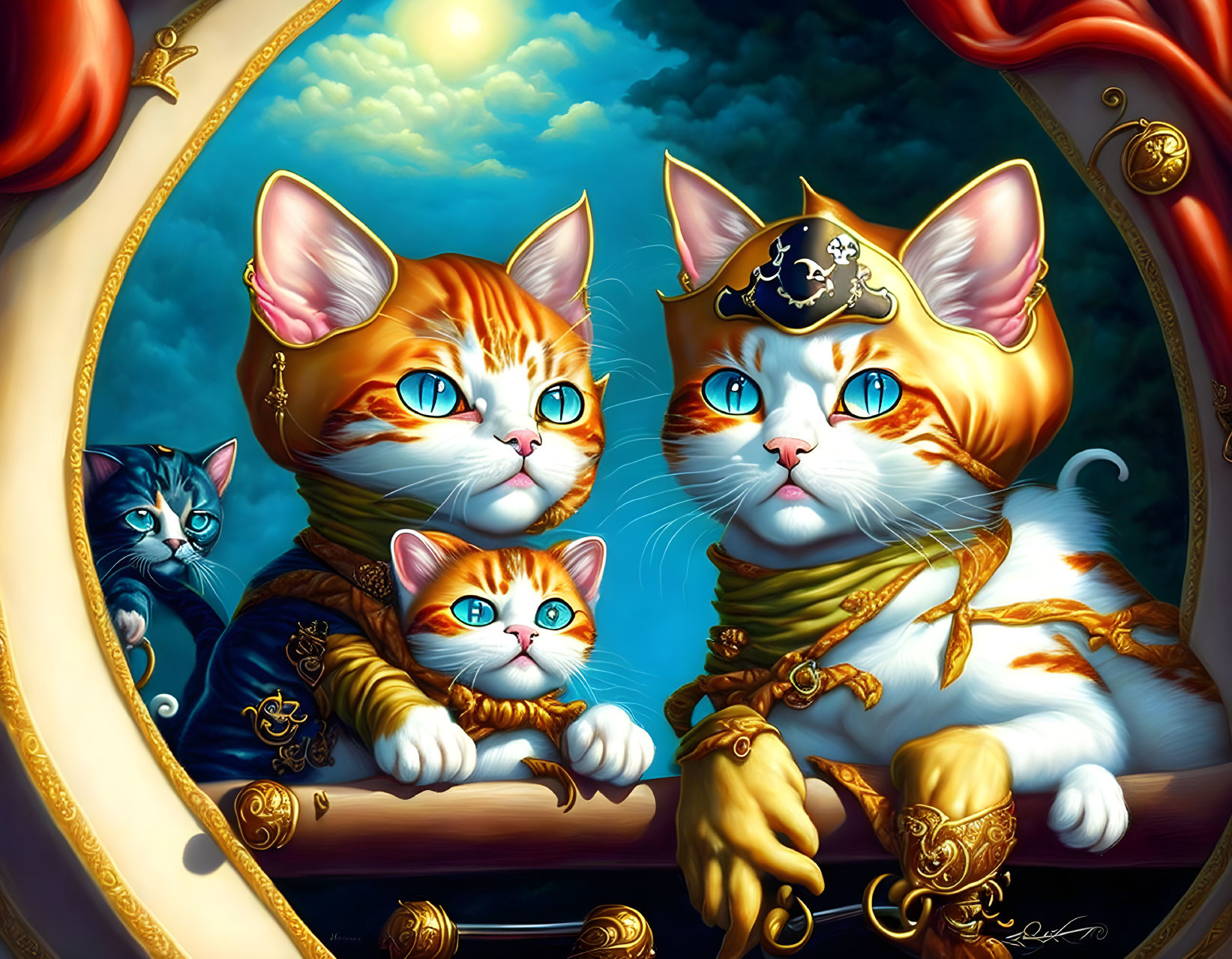 Colorful Anthropomorphic Cats Pirate Ship Illustration