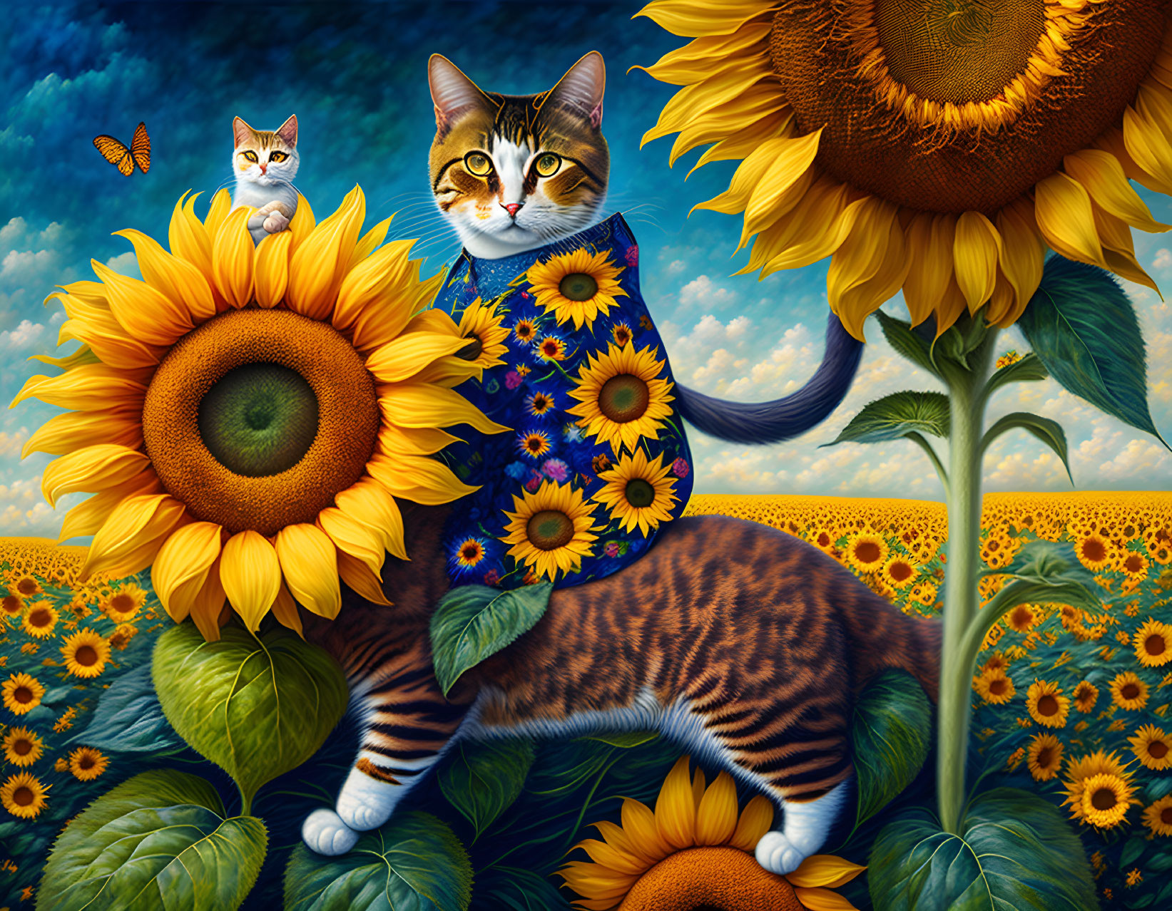 Tabby Cat Illustration with Blue Floral Patterns and Sunflowers