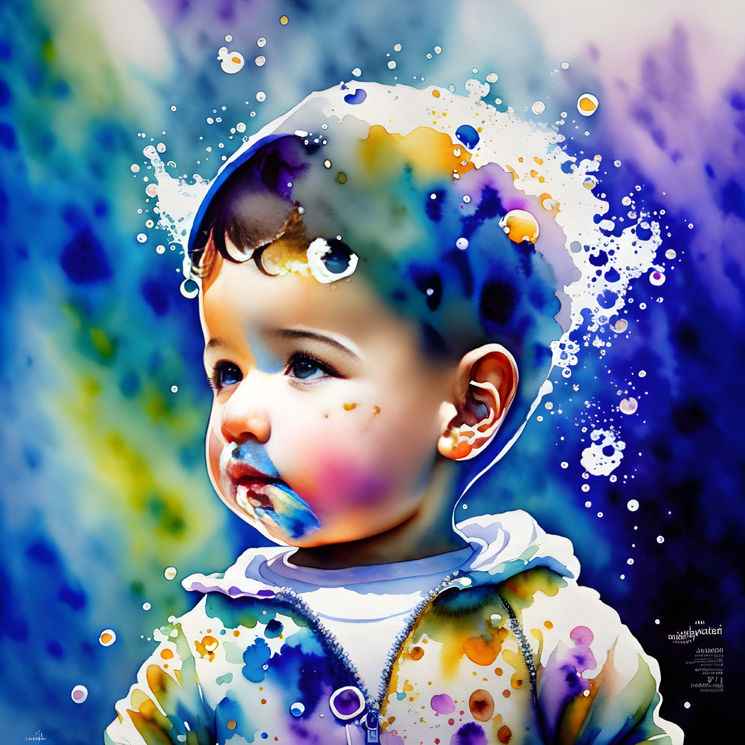 Colorful Watercolor Painting of Young Child with Bubbles and Splashes