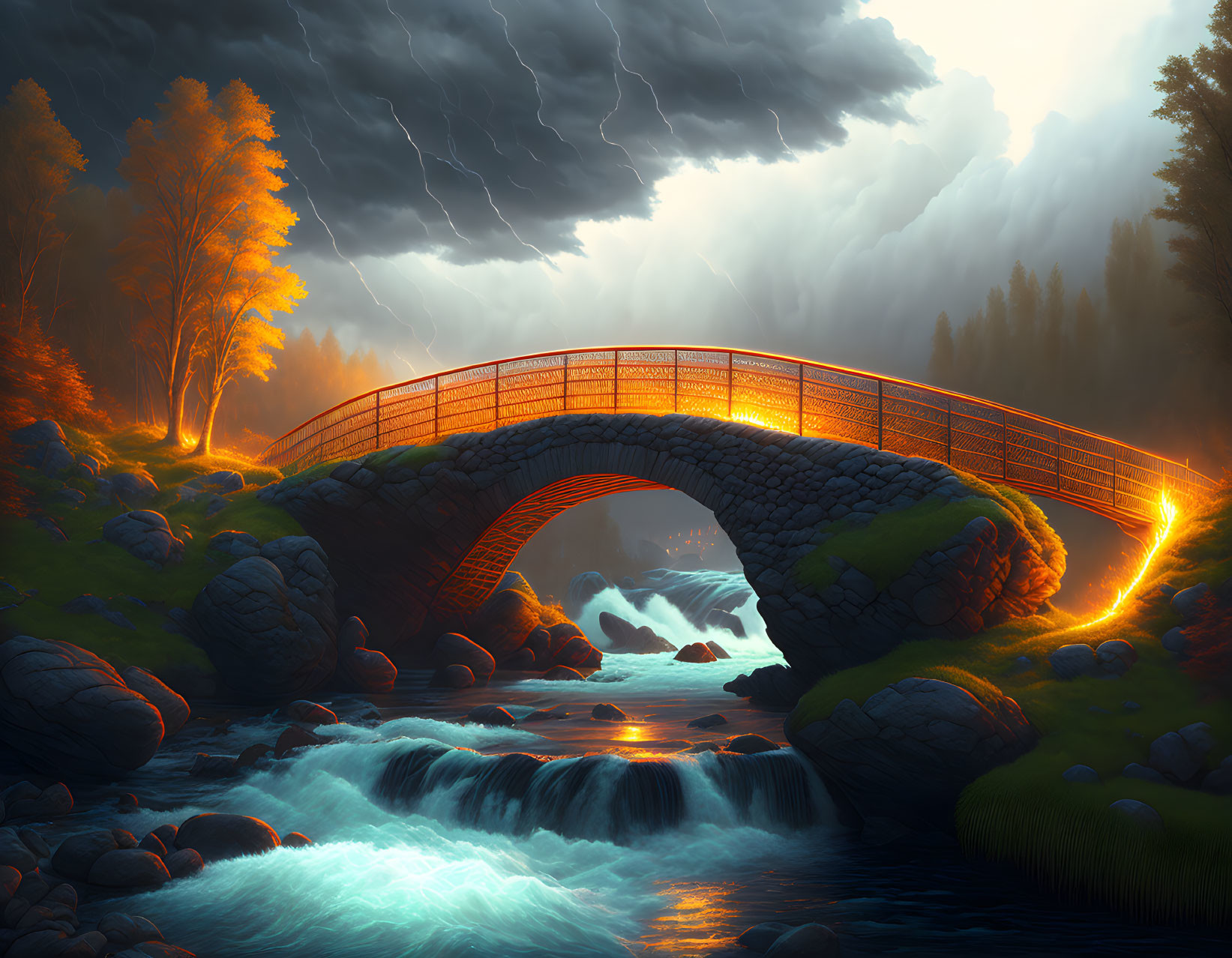 Stone bridge over river in stormy landscape with lightning and glowing trees