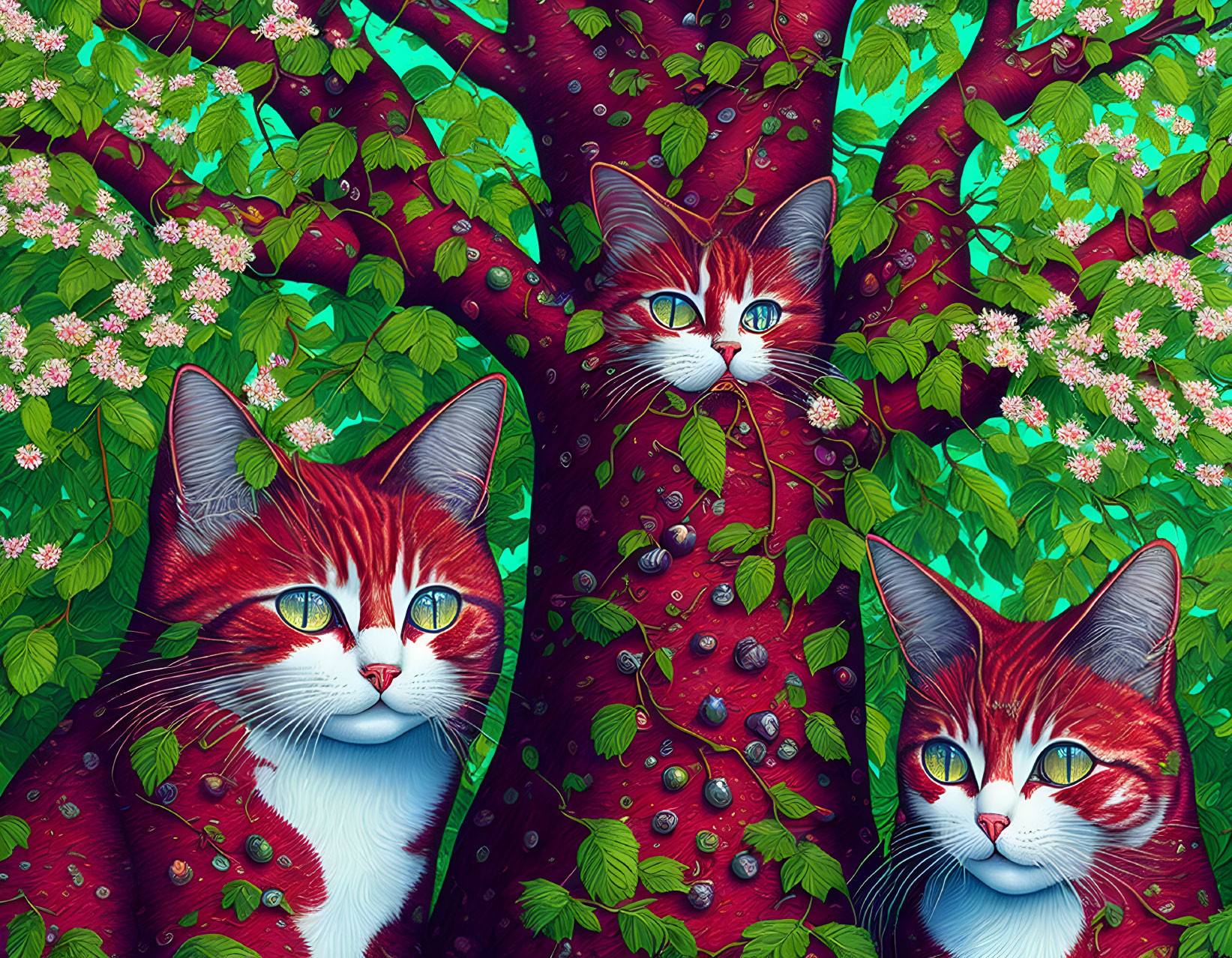 Three Red and White Cats in Pink Blossom Forest on Teal Background