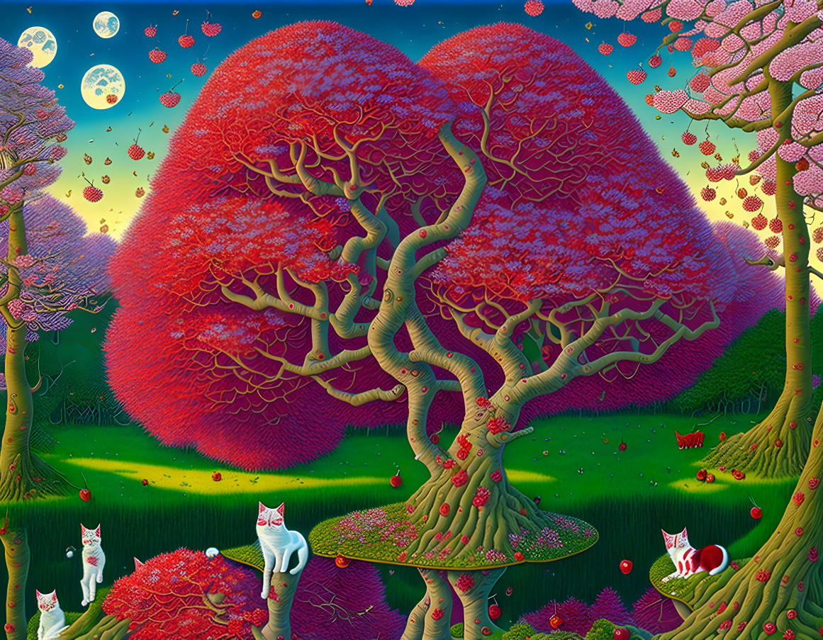 Vibrant artwork: intertwined heart-shaped trees, red foliage, cats, colorful flora