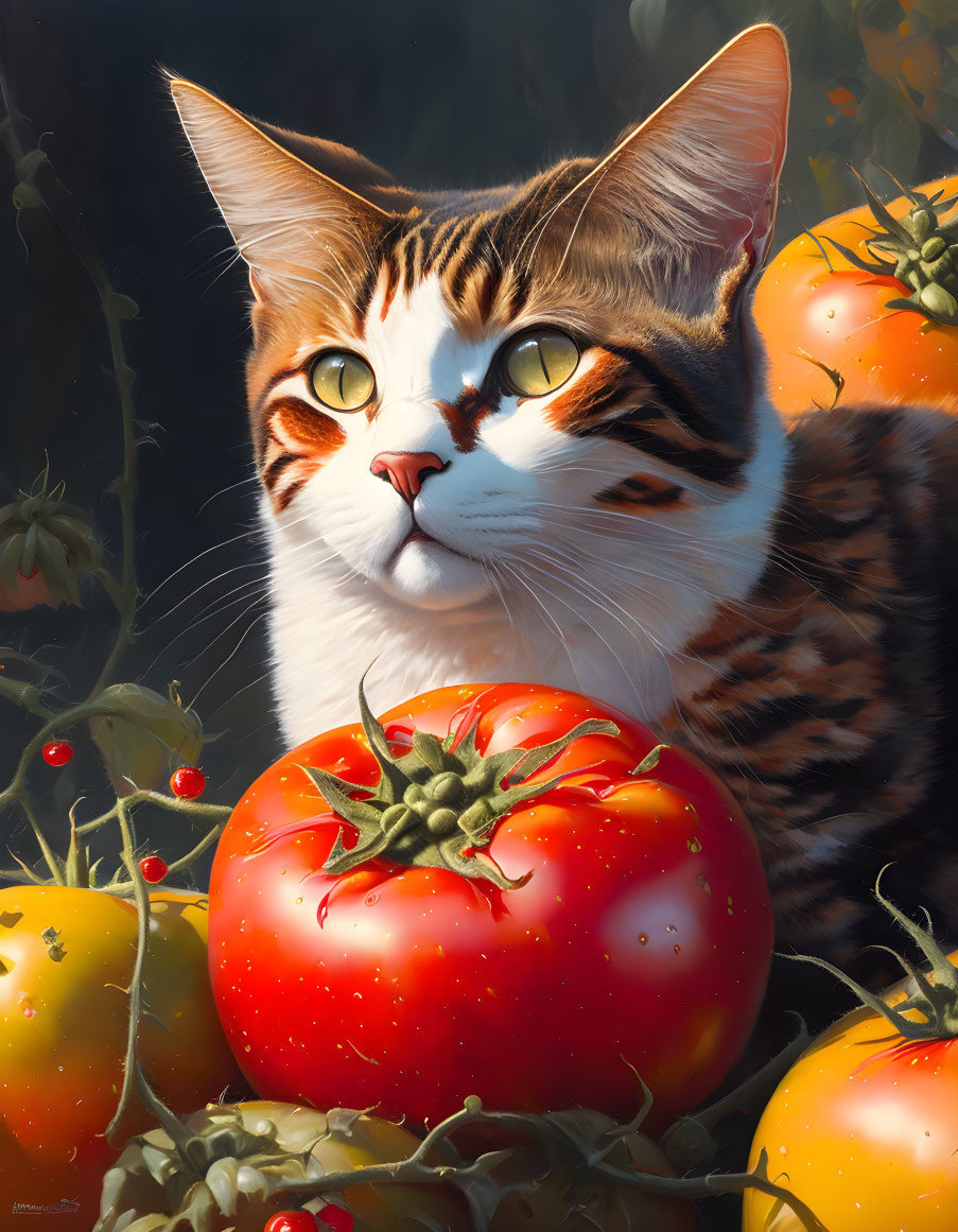 Detailed Illustration: Brown & White Striped Cat with Amber Eyes Among Red & Yellow Tomatoes