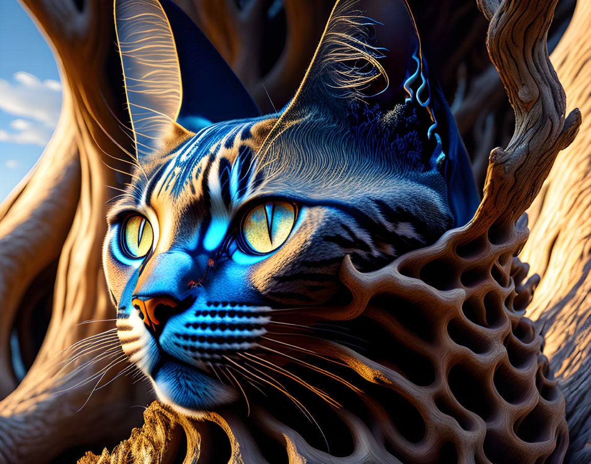 Hyper-realistic blue-eyed cat with intricate fur patterns among twisted wooden structures under blue sky