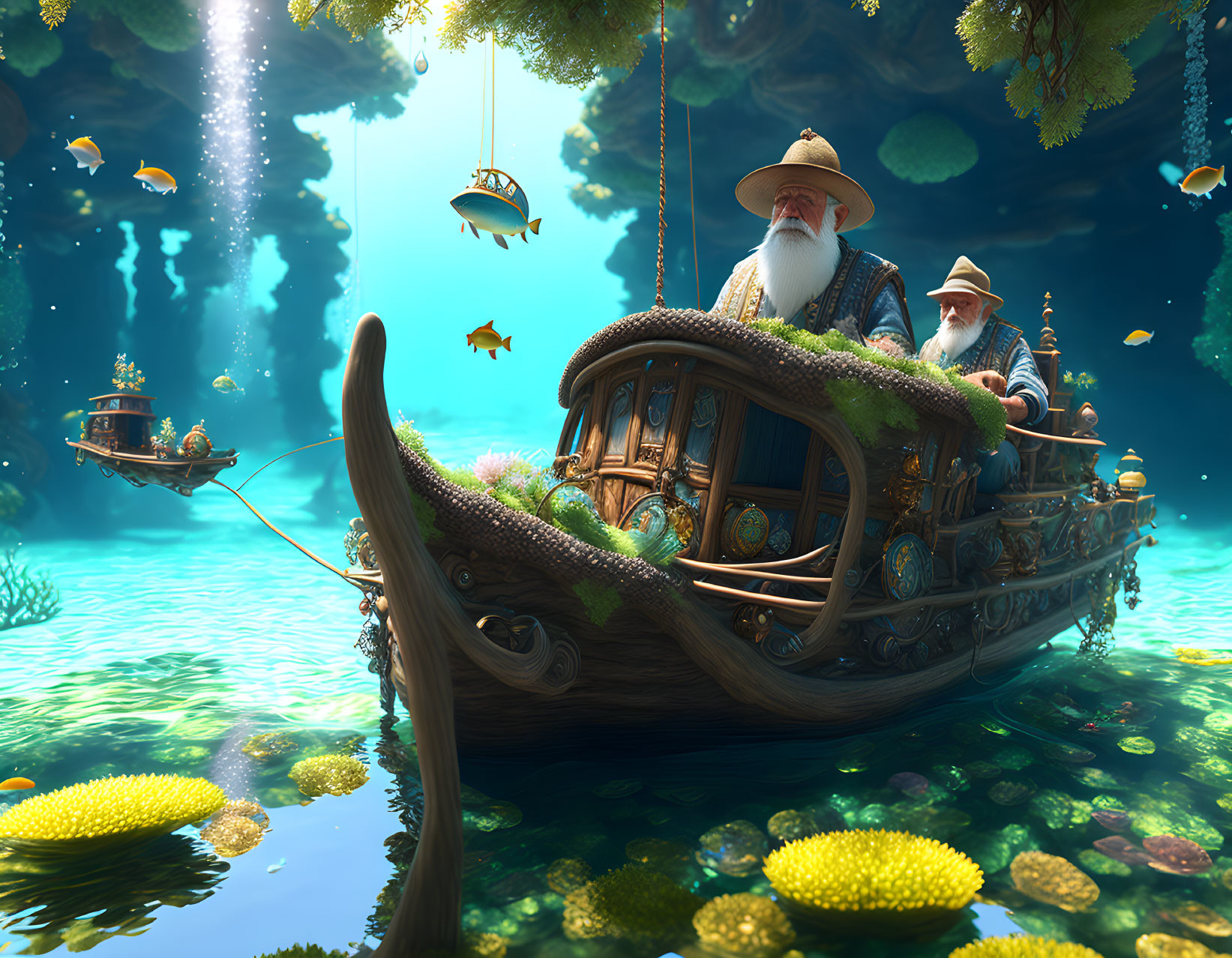 Underwater scene with bearded fishermen on whimsical boats surrounded by marine life and flora