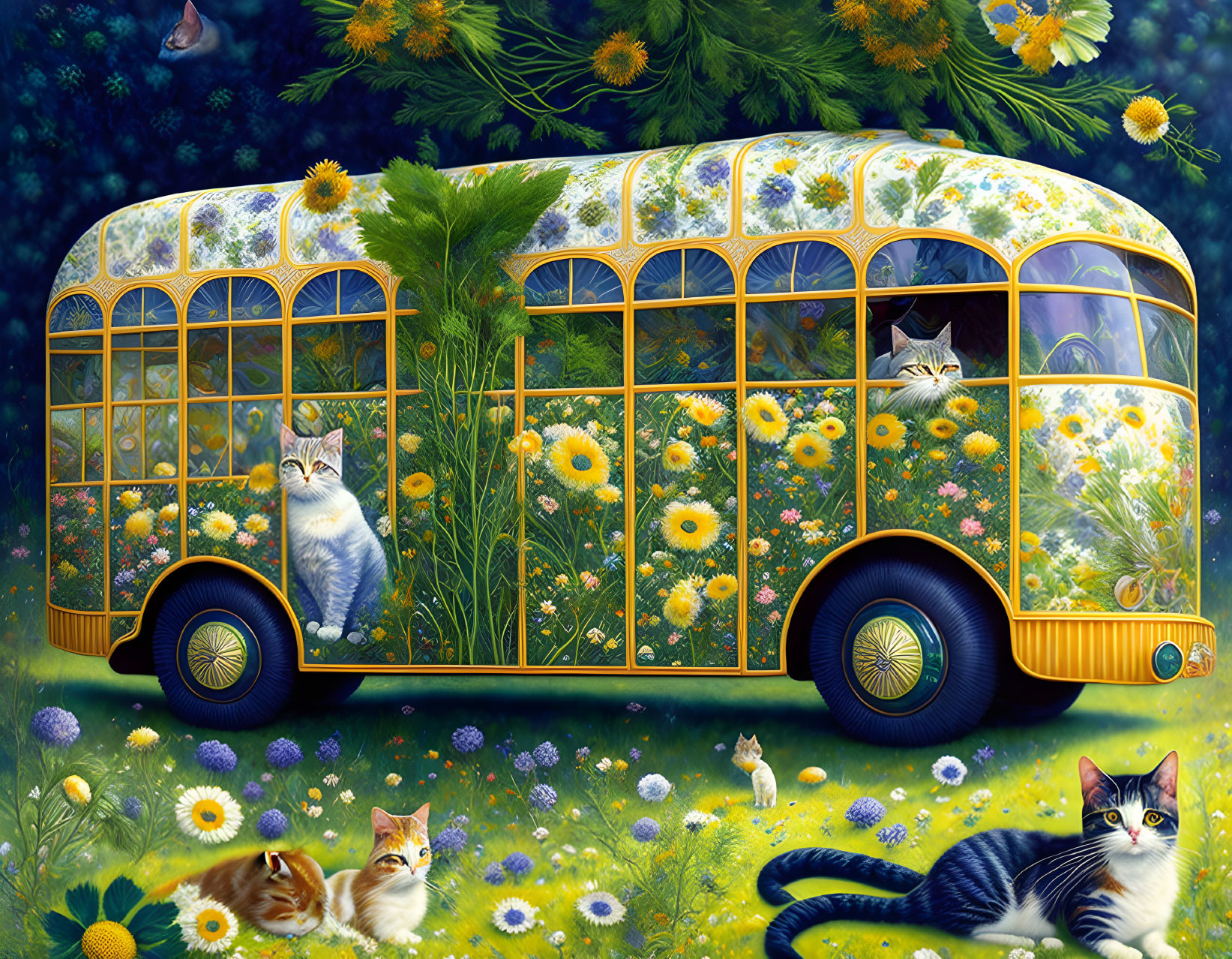 Illustration of whimsical yellow bus with playful cats and flowers on green background