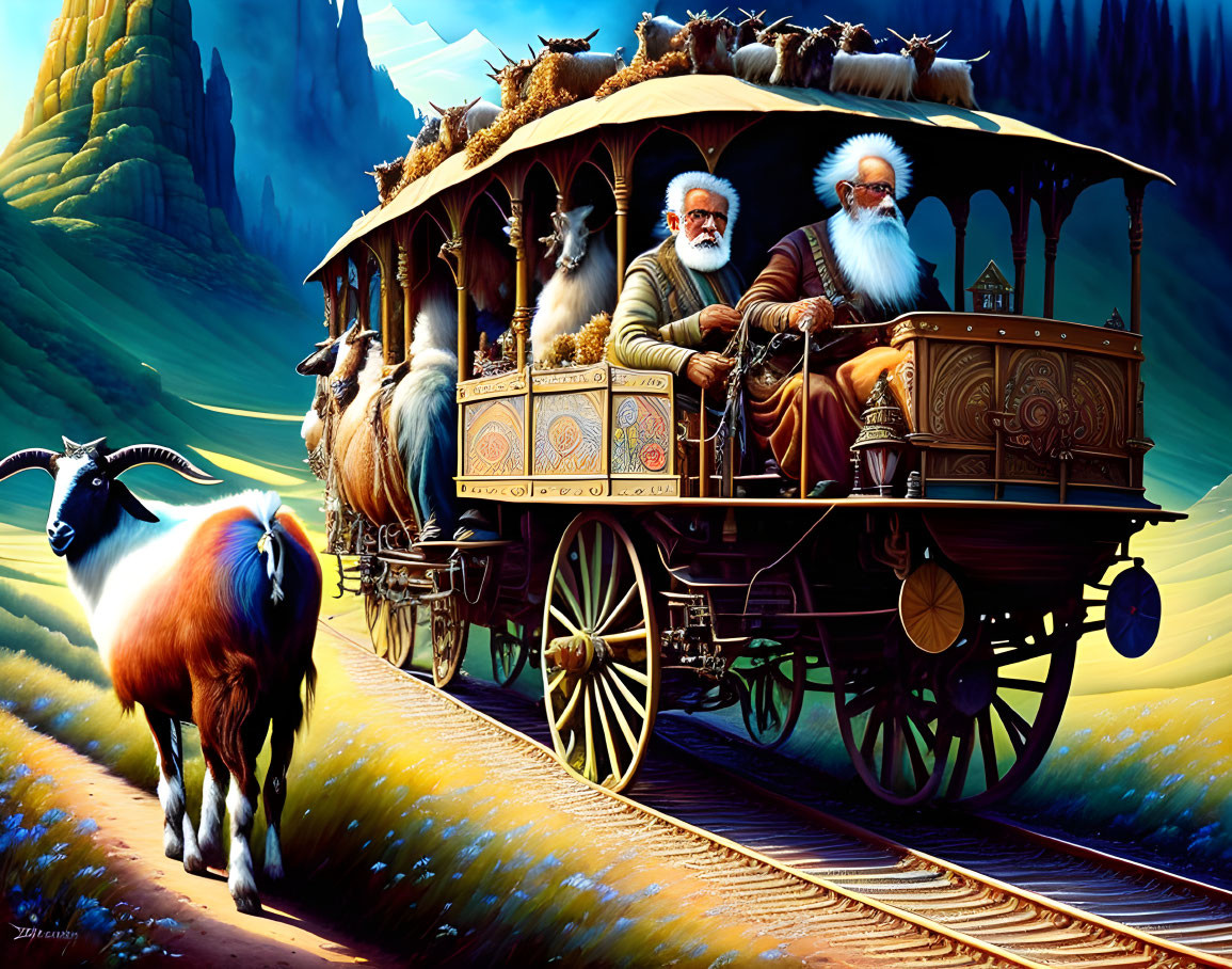 Vibrant illustration of wizards in goat-led wagon through fantasy landscape