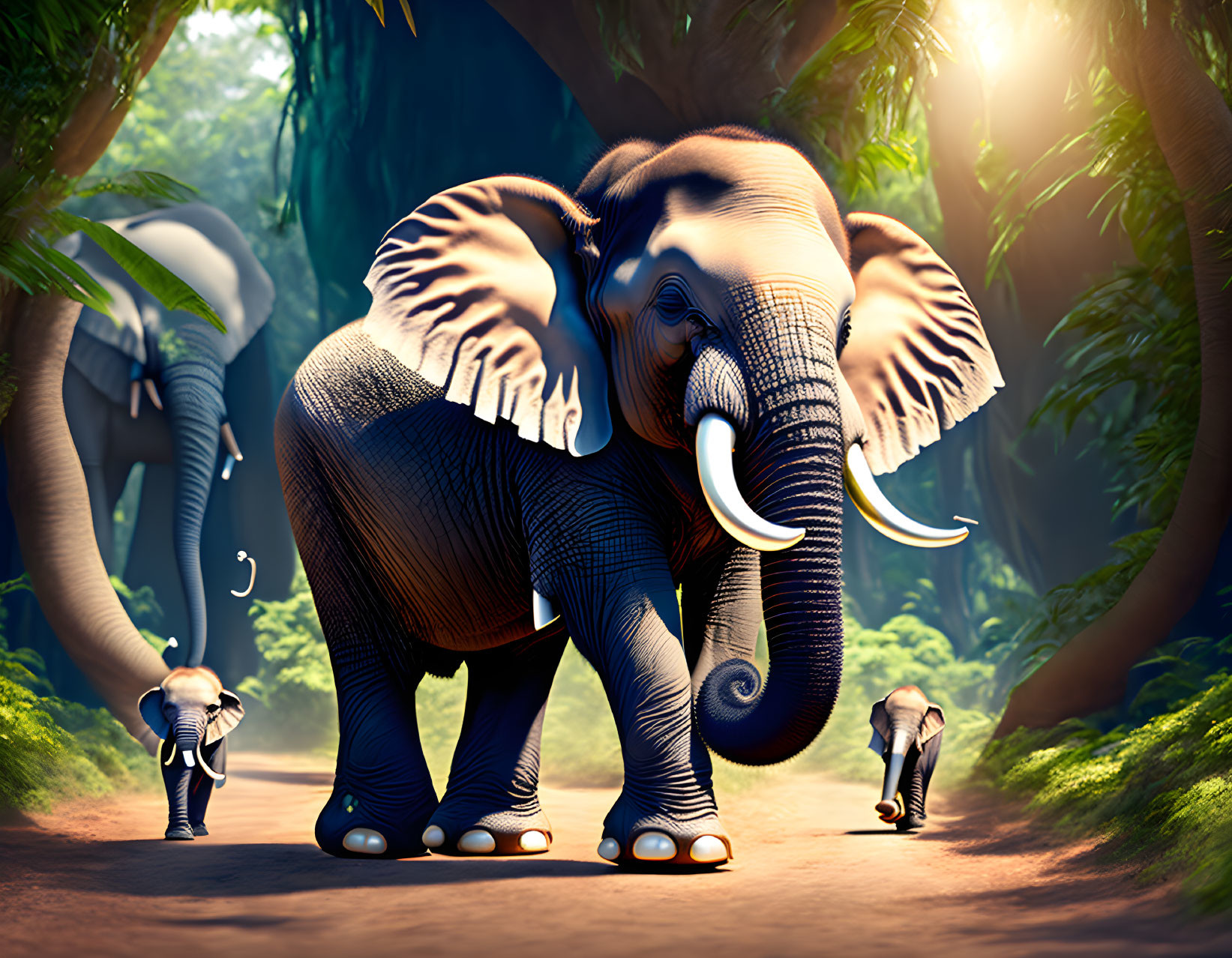 Prominent tusked elephants walking in forest sunlight