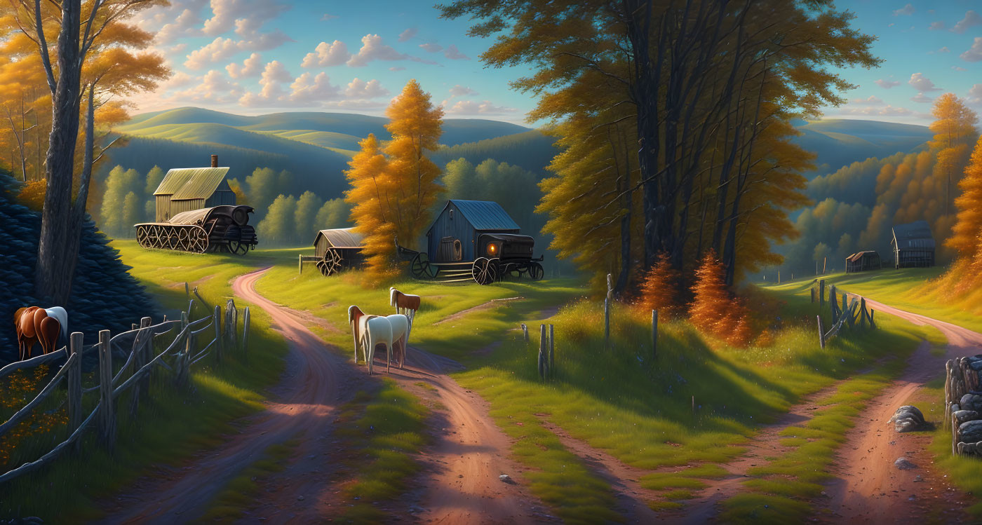 Tranquil rural landscape with dusty road, horses, wagons, huts, autumn trees,