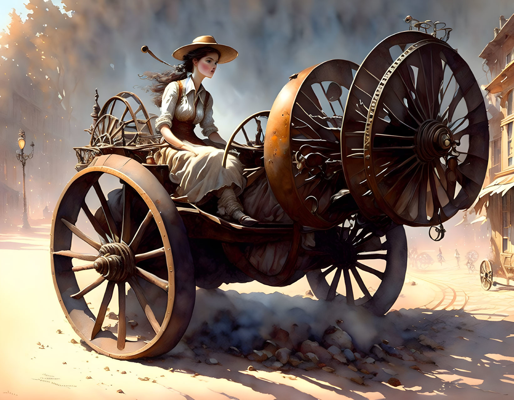 Woman in period attire sitting on stationary cart in dusty old-fashioned street