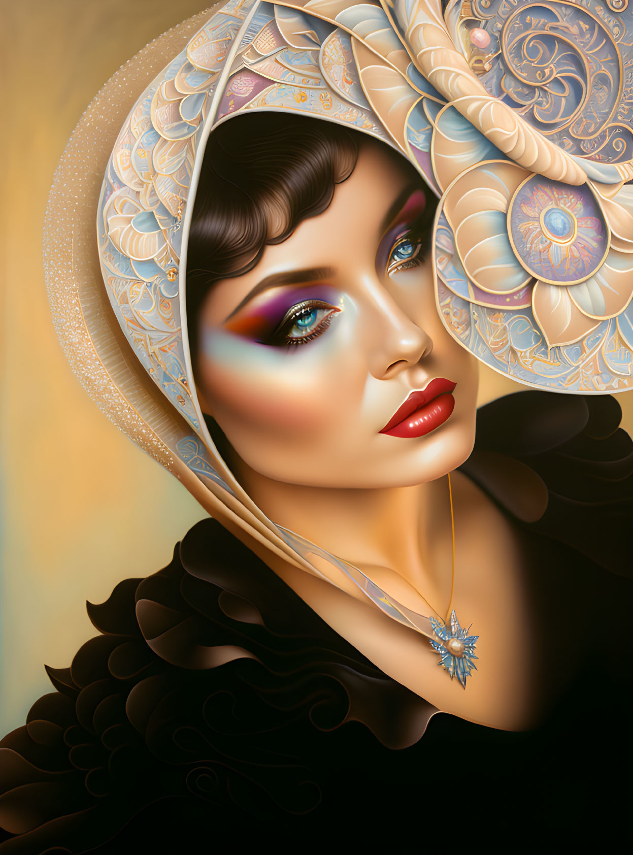 Colorful digital portrait of a woman with intricate headwear and red lips