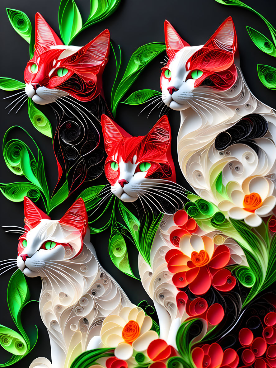 Colorful paper quilling artwork of four white cats with red accents amid green foliage and red flowers on