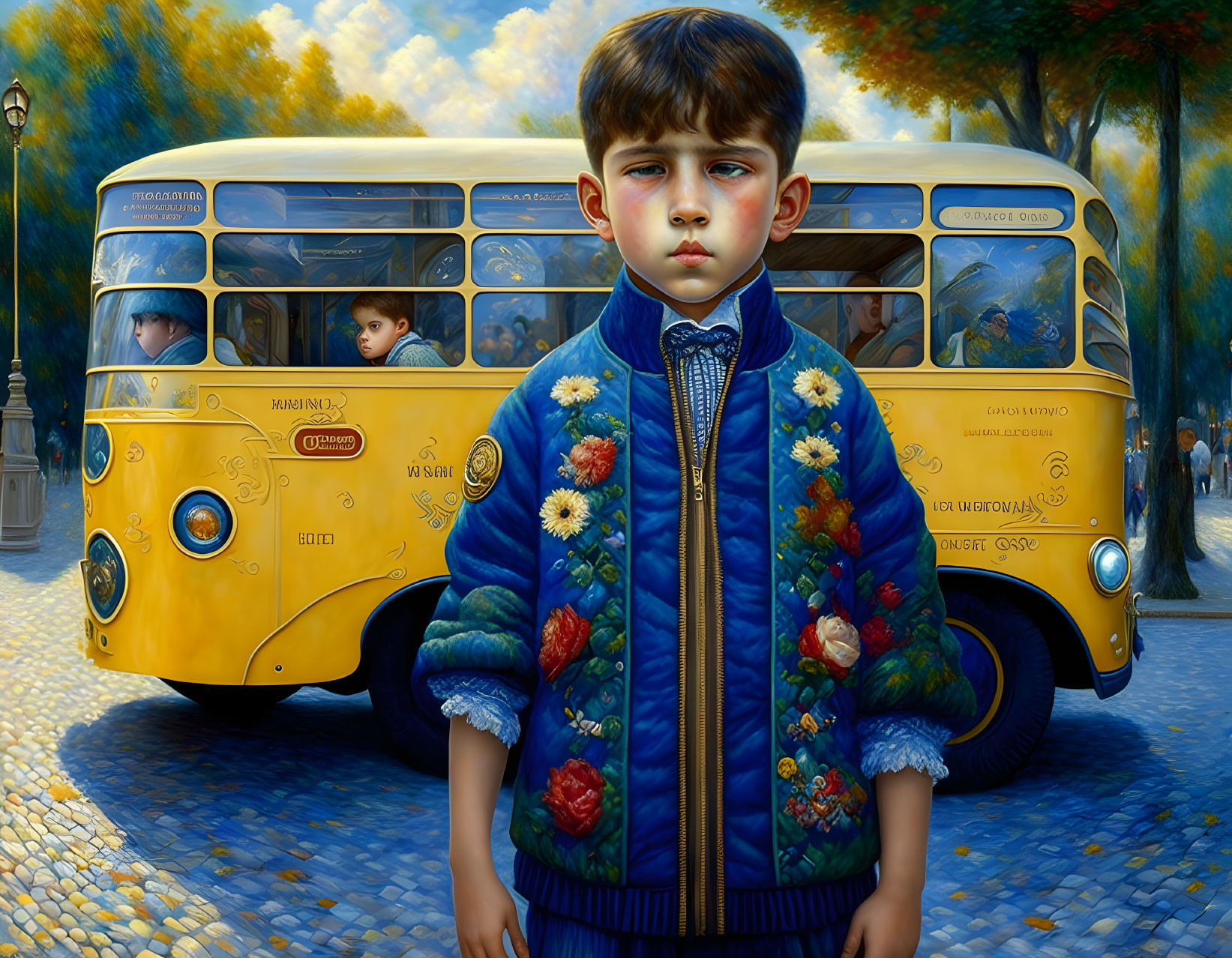 Young boy in floral jacket with vintage yellow buses and autumn trees