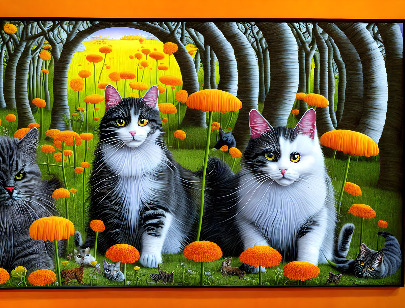 Colorful painting of cats among orange flowers & surreal landscape.