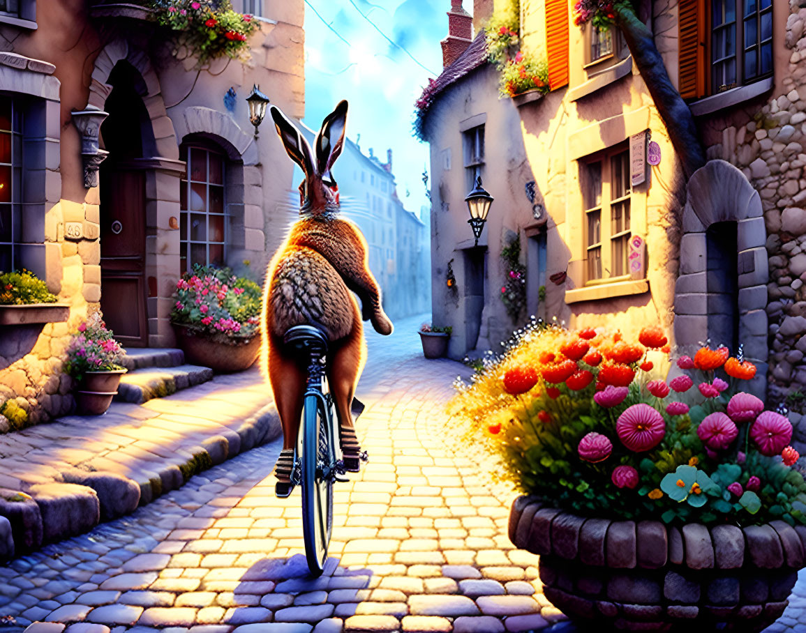 Kangaroo on Bicycle in Flower-Filled Cobblestone Street at Twilight