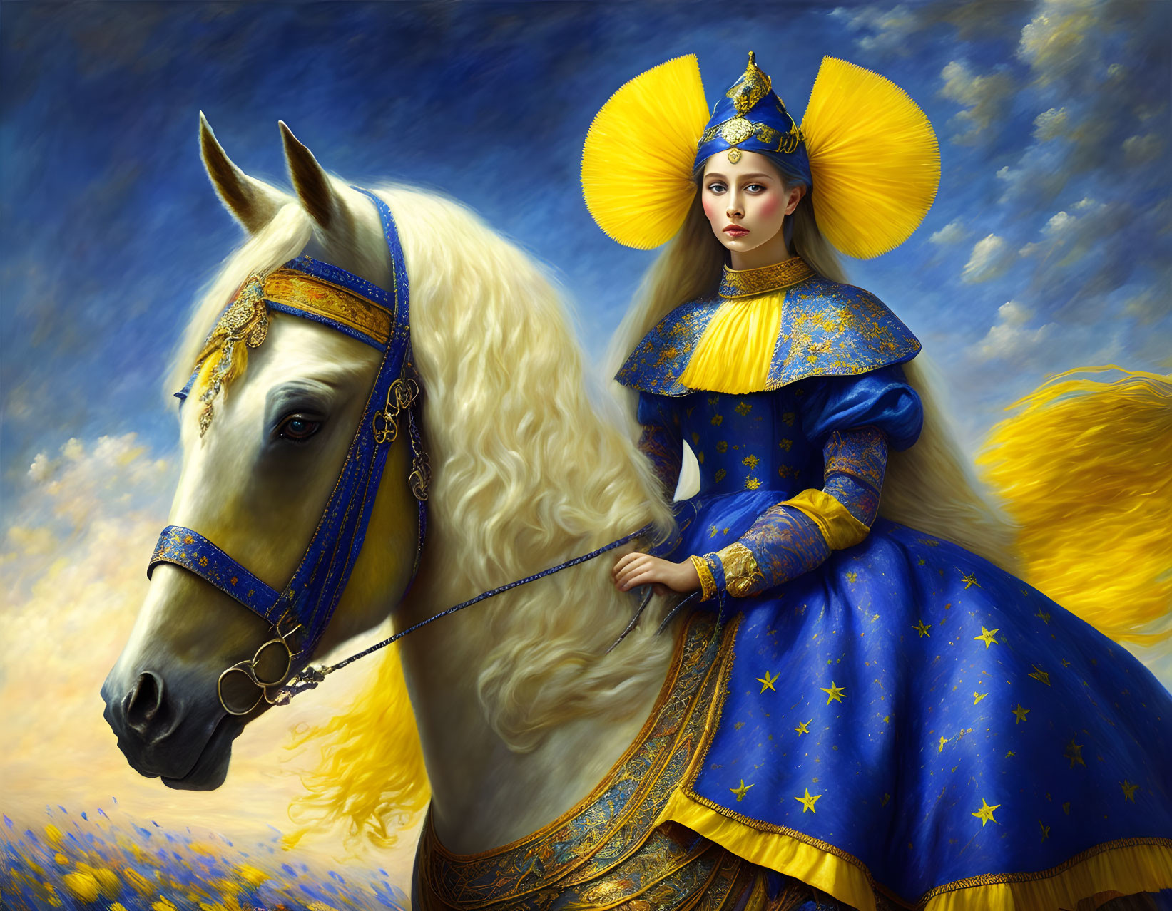 Woman in blue and gold medieval attire on white horse under blue sky