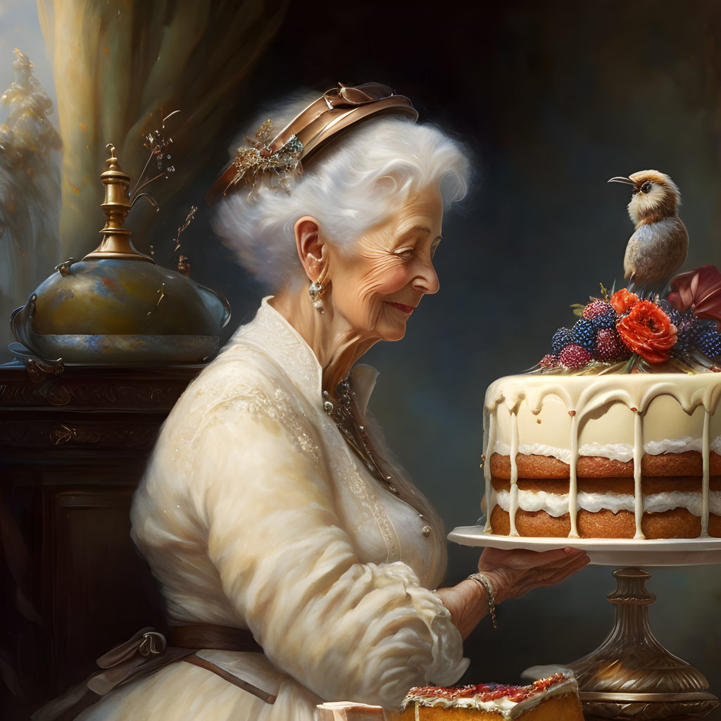 Elderly lady with layered cake and bird in heartwarming scene