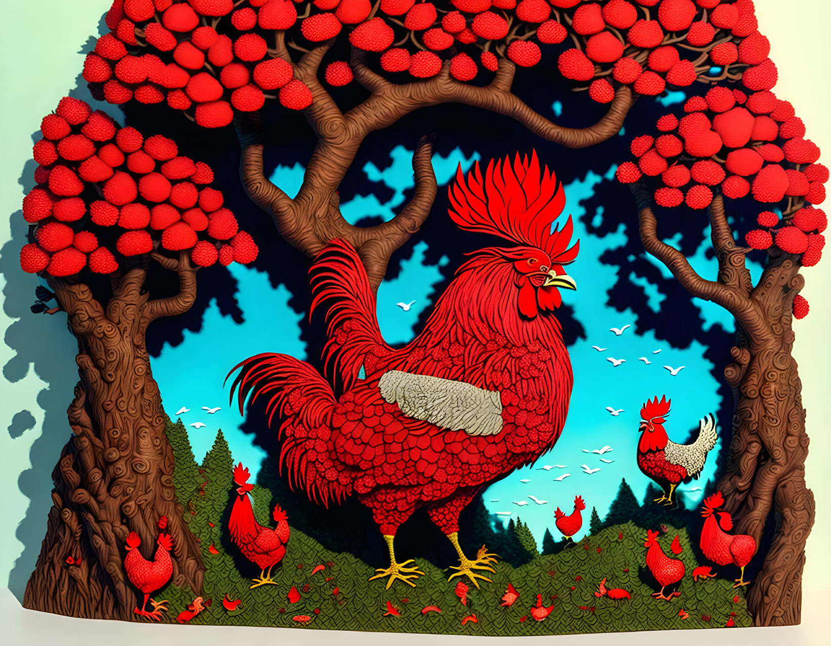 Colorful illustration of red rooster in nature setting with blue sky and birds