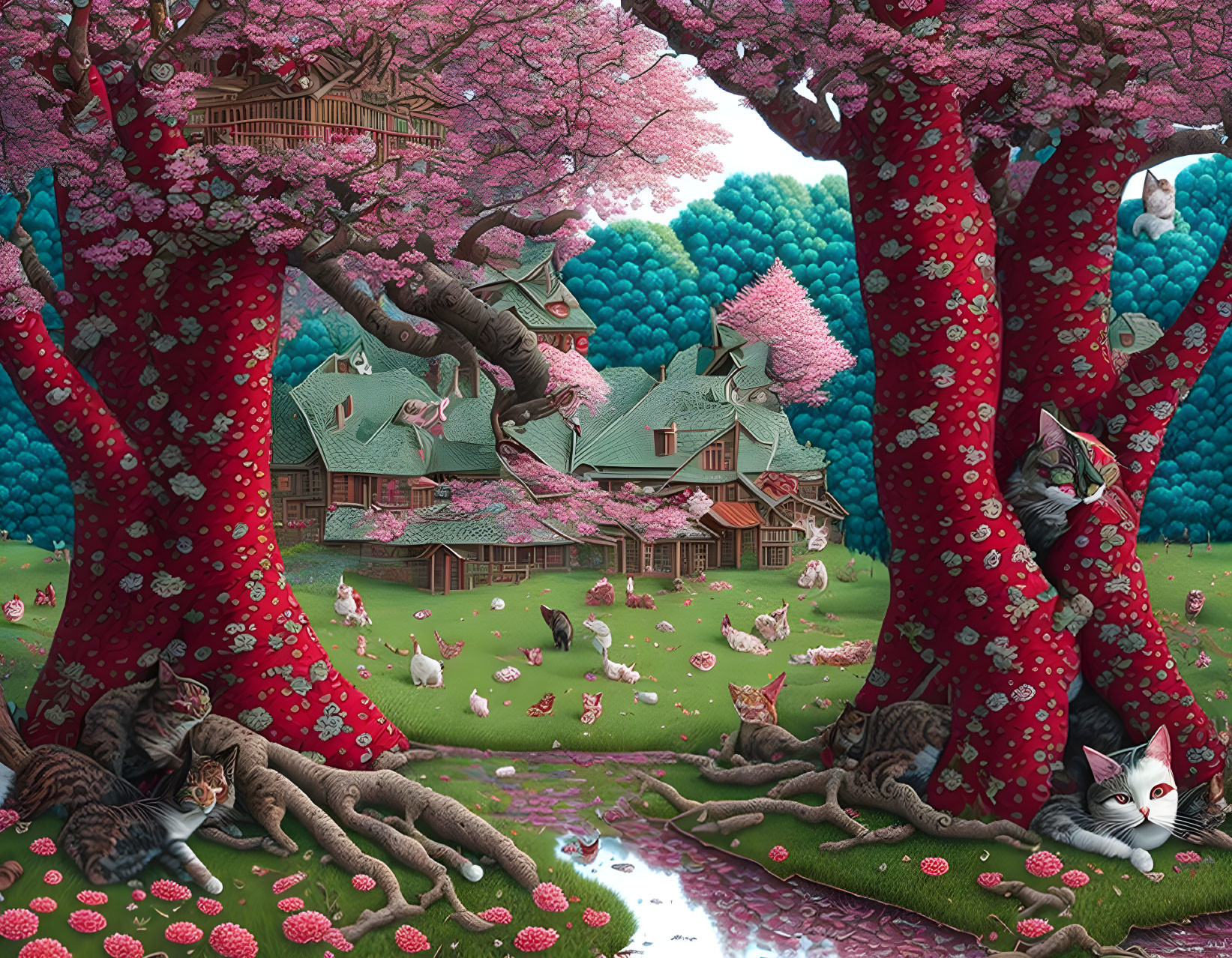 Pink tree landscape with cats, flowers, stream, and traditional houses