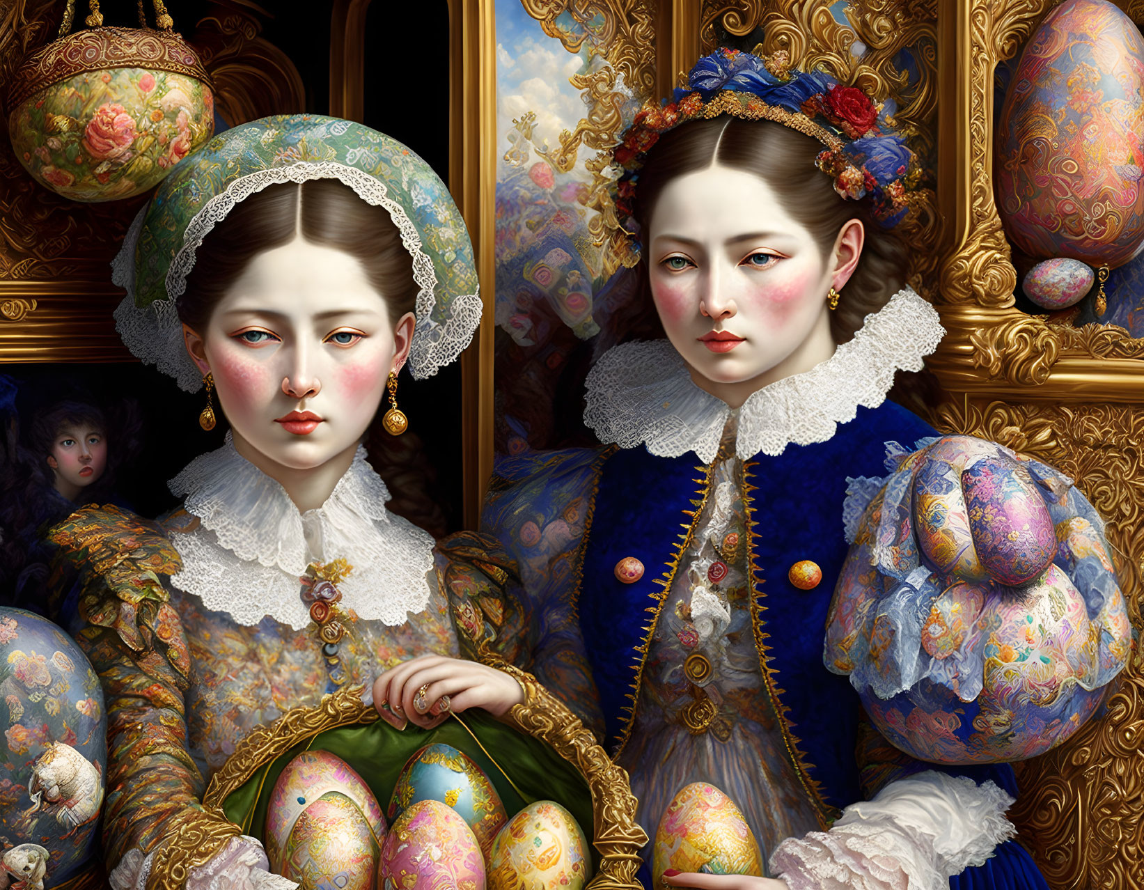 Two Women in Ornate Renaissance Attire with Easter Egg Designs in Luxurious Golden Frame