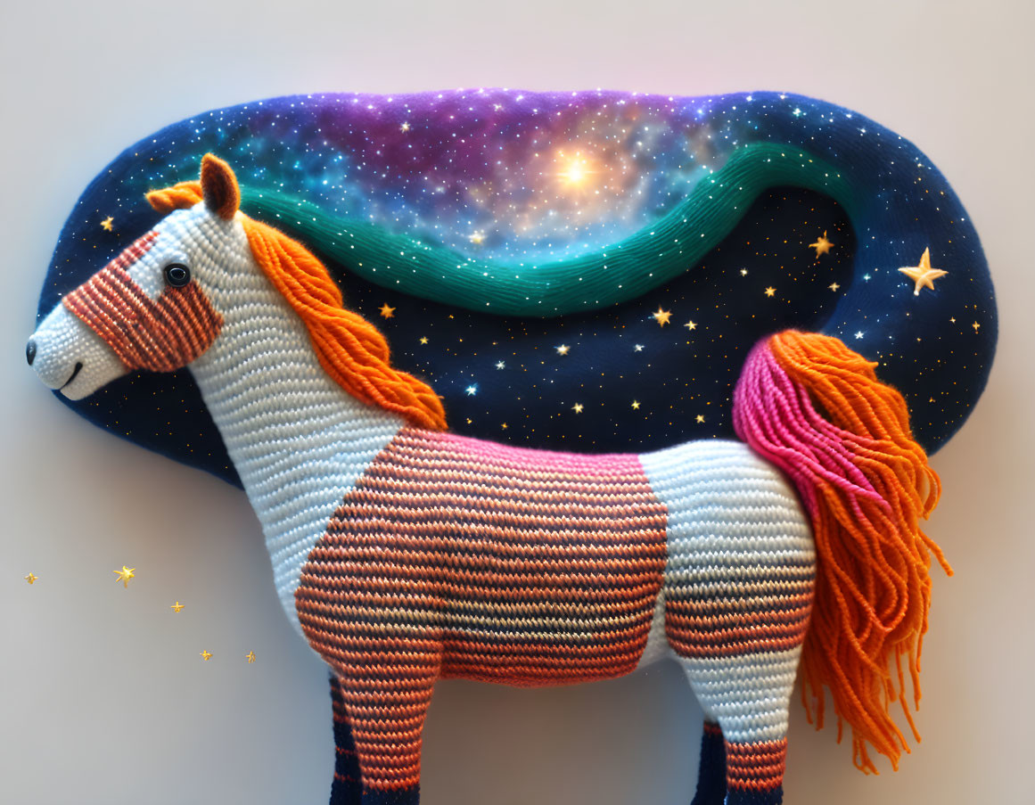 Colorful Knitted Toy Horse with Cosmic Patterned Mane and Tail