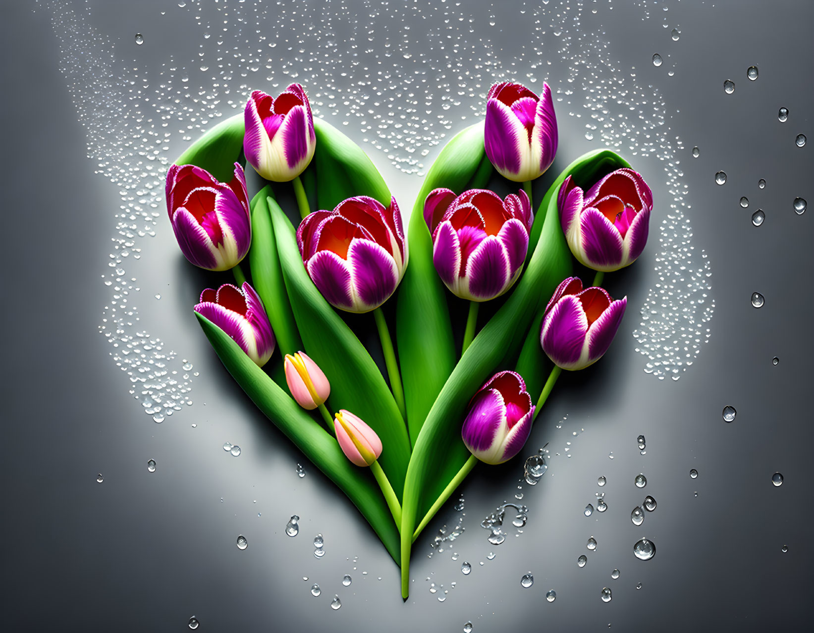 Purple and White Tulip Heart Arrangement on Gray Surface