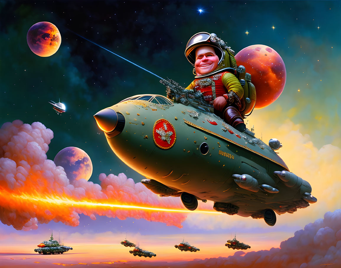 Colorful planets backdrop man riding vintage spacecraft in whimsical illustration