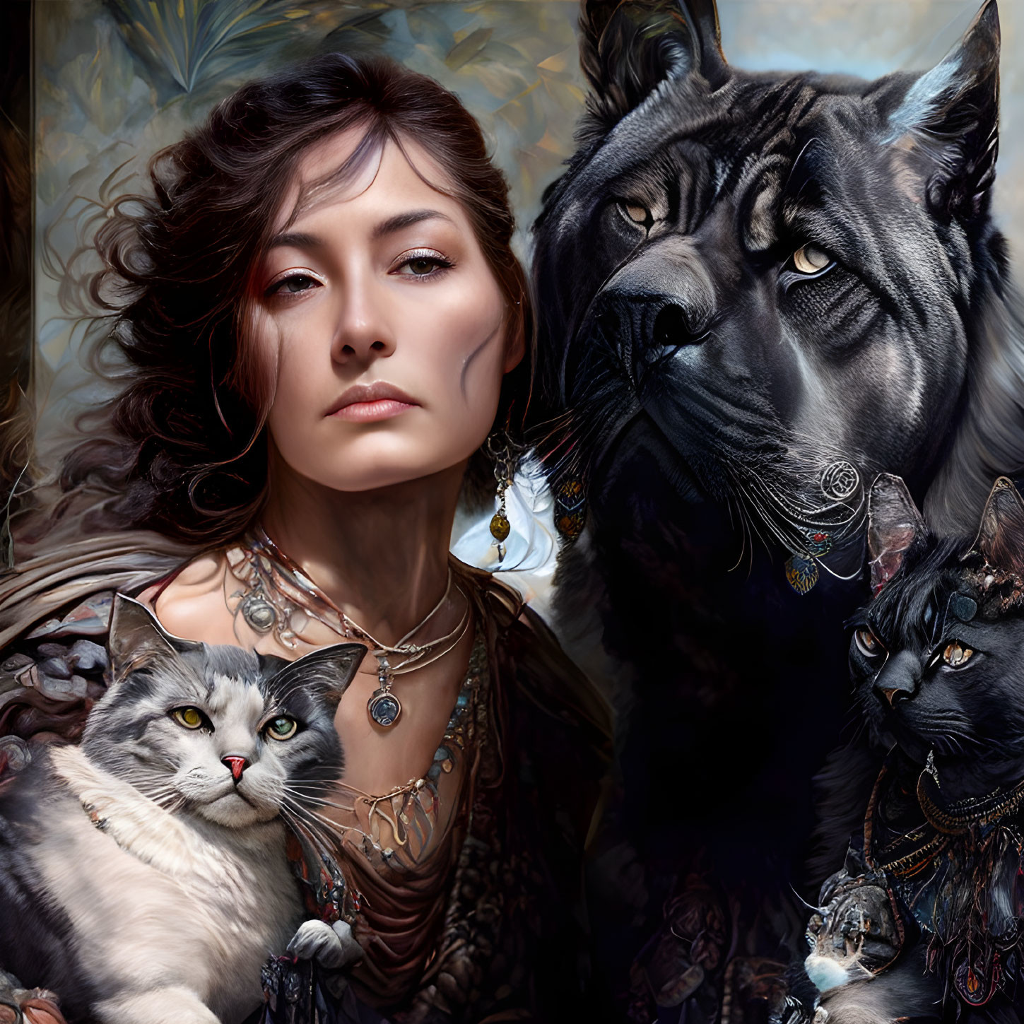 Woman in elegant attire with intense gaze alongside black tiger and grey-and-white cat