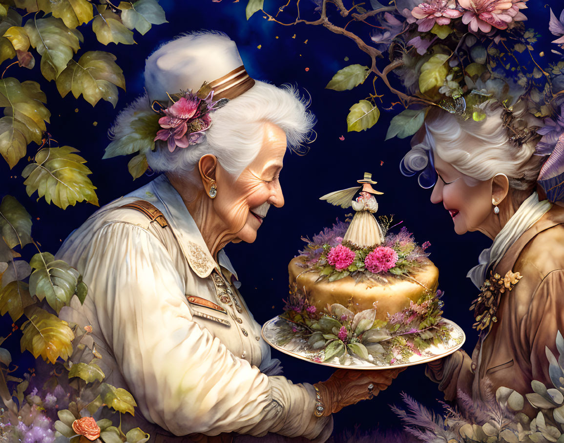 Elderly animated ladies with ornate cake on floral backdrop