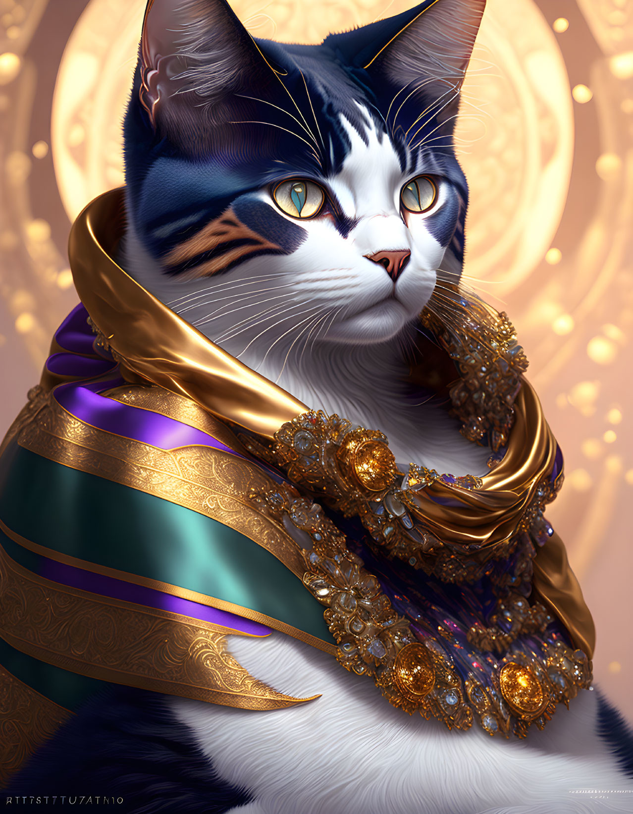 Anthropomorphic cat with blue and white fur in ornate golden and teal attire